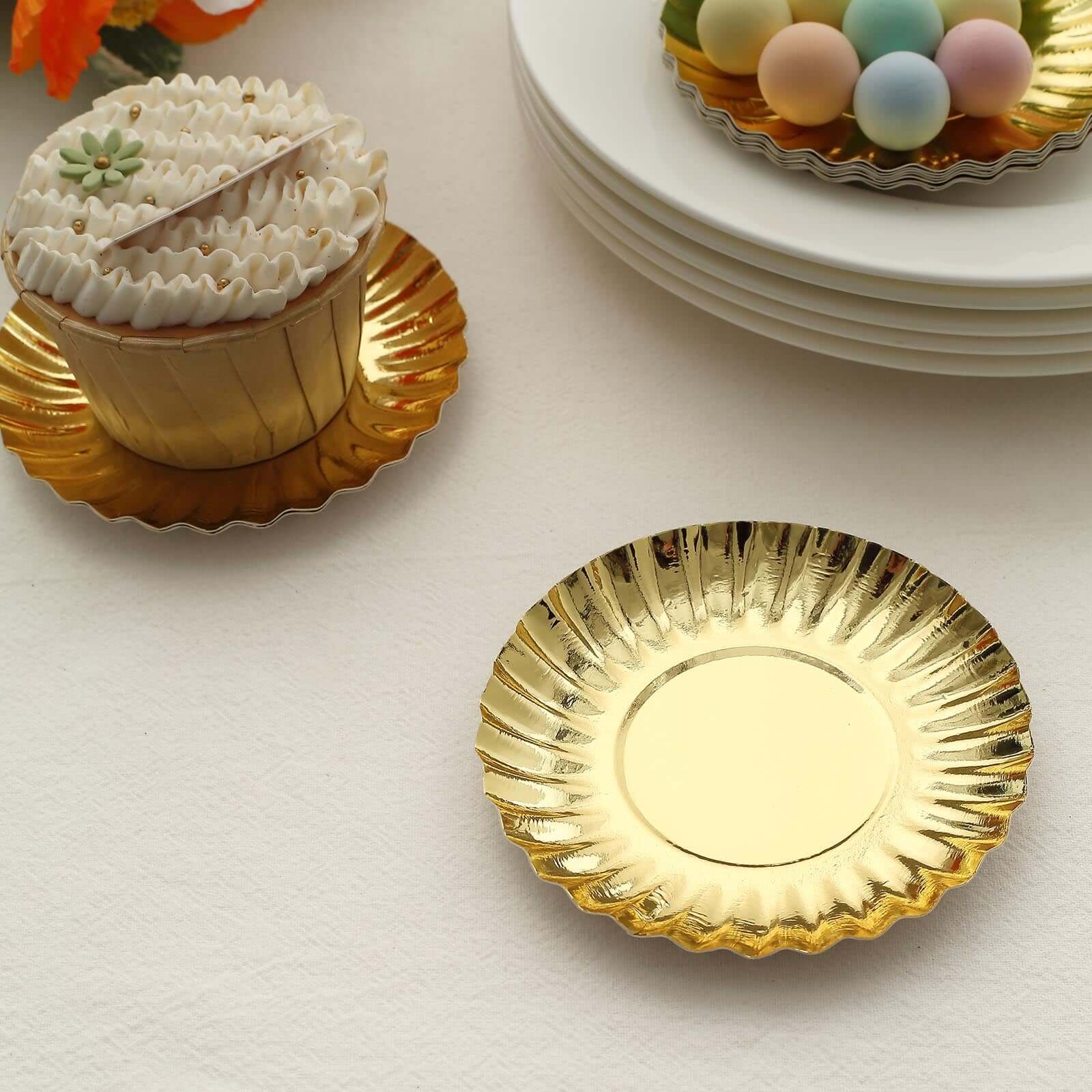 50-Pack Paper Round Party Plates 3.5" Metallic Gold Scalloped Rim - 250GSM Disposable Mini Dessert Plates - Image 11