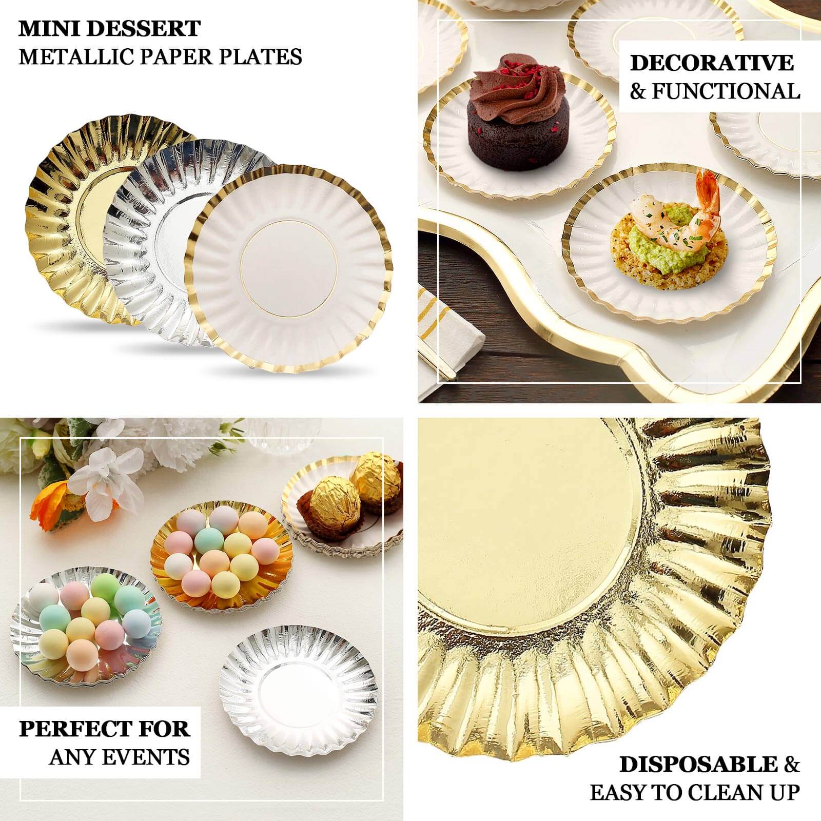 50-Pack Paper Round Party Plates 3.5" Metallic Gold Scalloped Rim - 250GSM Disposable Mini Dessert Plates - Image 4