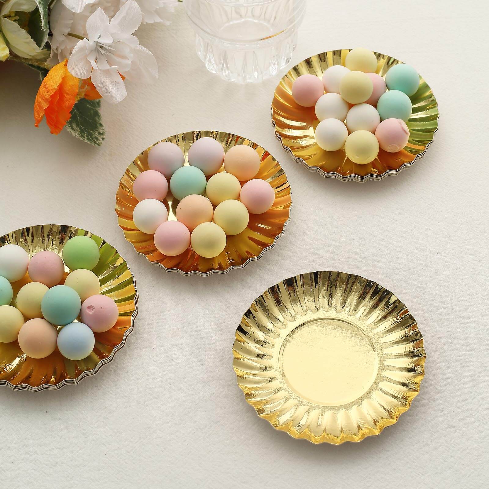 50-Pack Paper Round Party Plates 3.5" Metallic Gold Scalloped Rim - 250GSM Disposable Mini Dessert Plates - Image 6