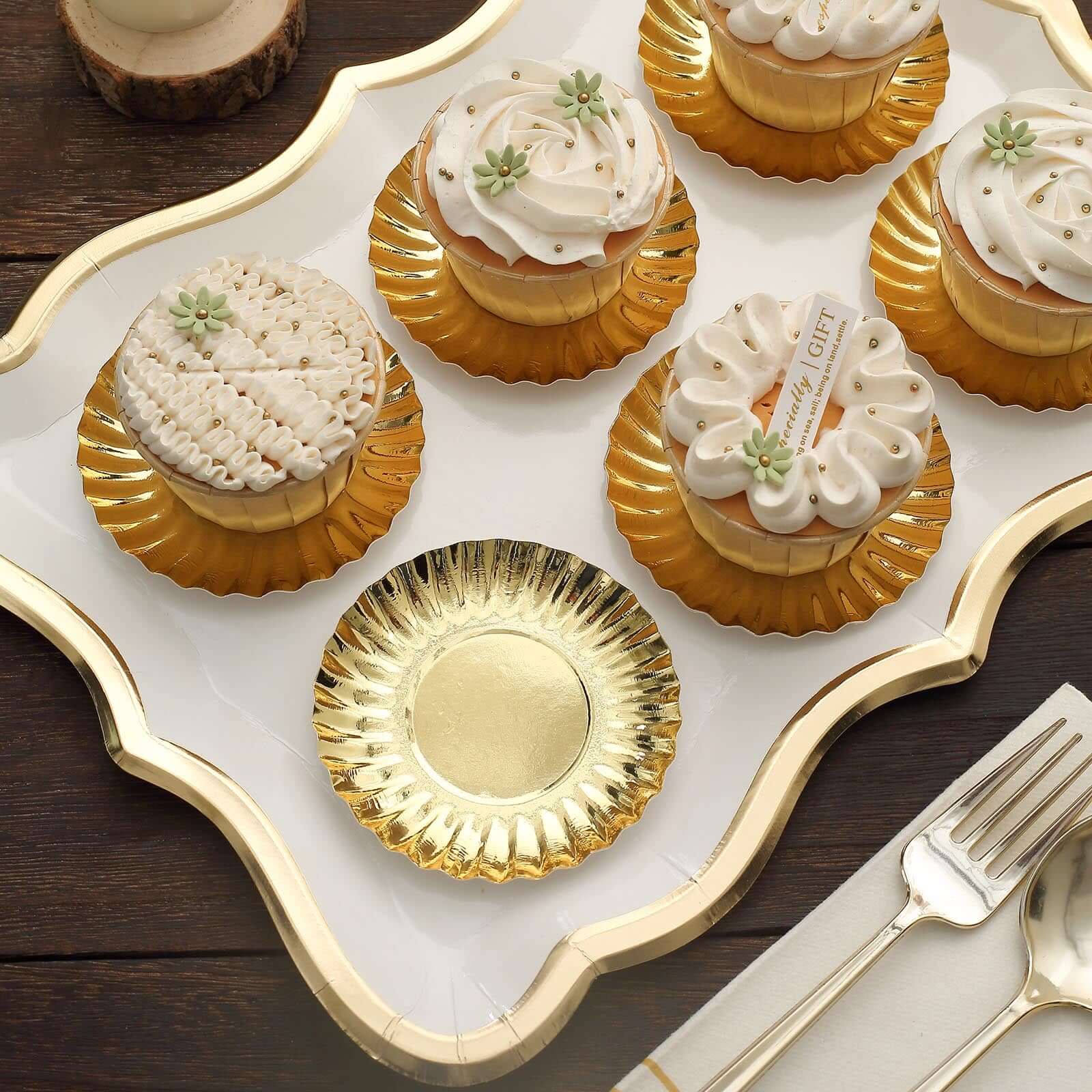 50-Pack Paper Round Party Plates 3.5" Metallic Gold Scalloped Rim - 250GSM Disposable Mini Dessert Plates - Image 7