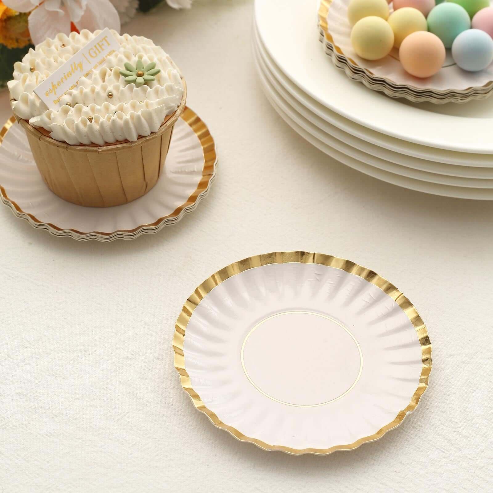 50-Pack Paper Round Party Plates 3.5" White with Gold Scalloped Rim - 250GSM Disposable Mini Dessert Plates for Tapas, Appetizers & Finger Foods - Image 11