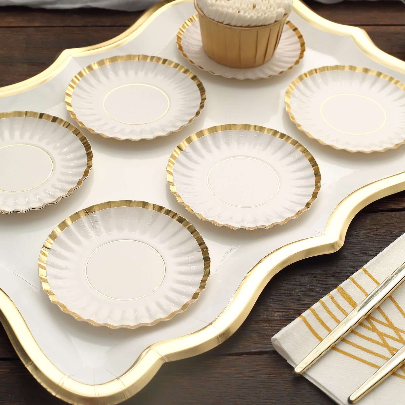 50-Pack Paper Round Party Plates 3.5" White with Gold Scalloped Rim - 250GSM Disposable Mini Dessert Plates for Tapas, Appetizers & Finger Foods - Image 12
