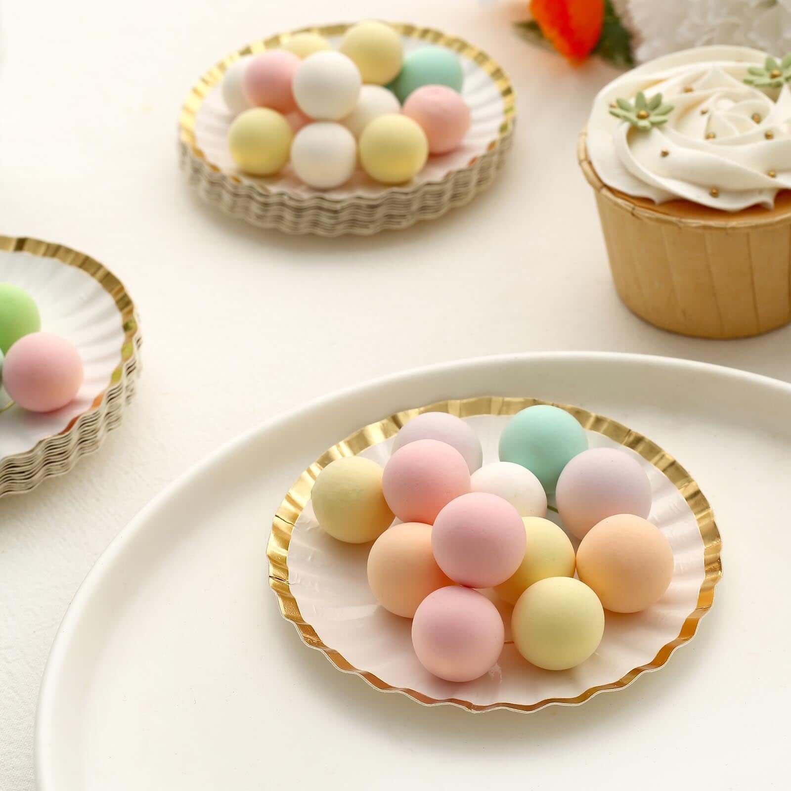 50-Pack Paper Round Party Plates 3.5" White with Gold Scalloped Rim - 250GSM Disposable Mini Dessert Plates for Tapas, Appetizers & Finger Foods - Image 2