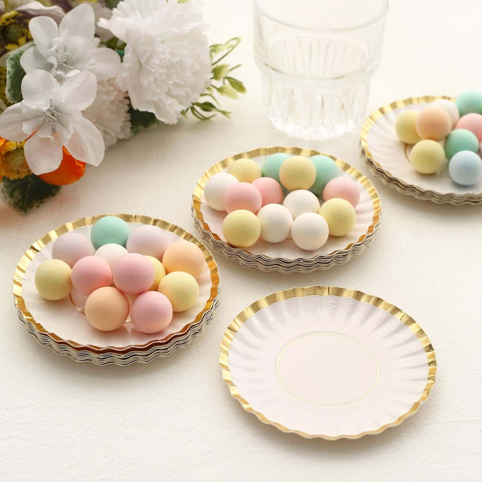50-Pack Paper Round Party Plates 3.5" White with Gold Scalloped Rim - 250GSM Disposable Mini Dessert Plates for Tapas, Appetizers & Finger Foods - Image 6