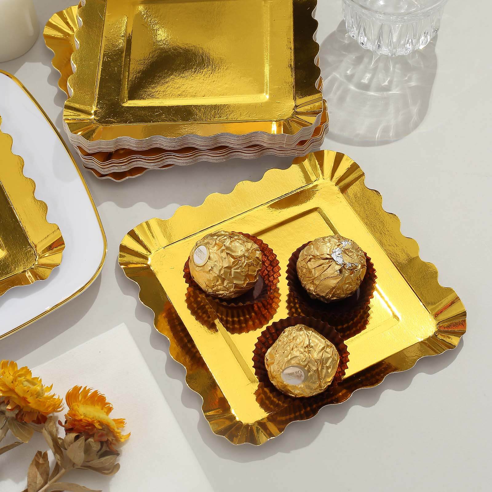 50-Pack Paper Square Dessert Plates 5" Gold Foil with Scalloped Rim - Disposable Appetizer Plates for Luxurious Parties & Celebrations - Image 10