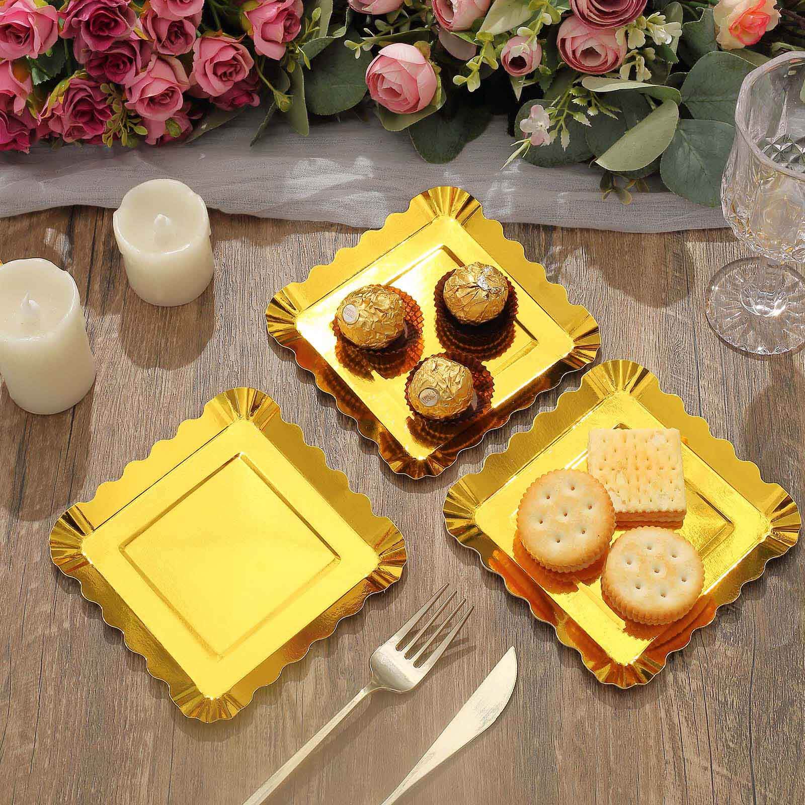50-Pack Paper Square Dessert Plates 5" Gold Foil with Scalloped Rim - Disposable Appetizer Plates for Luxurious Parties & Celebrations - Image 2
