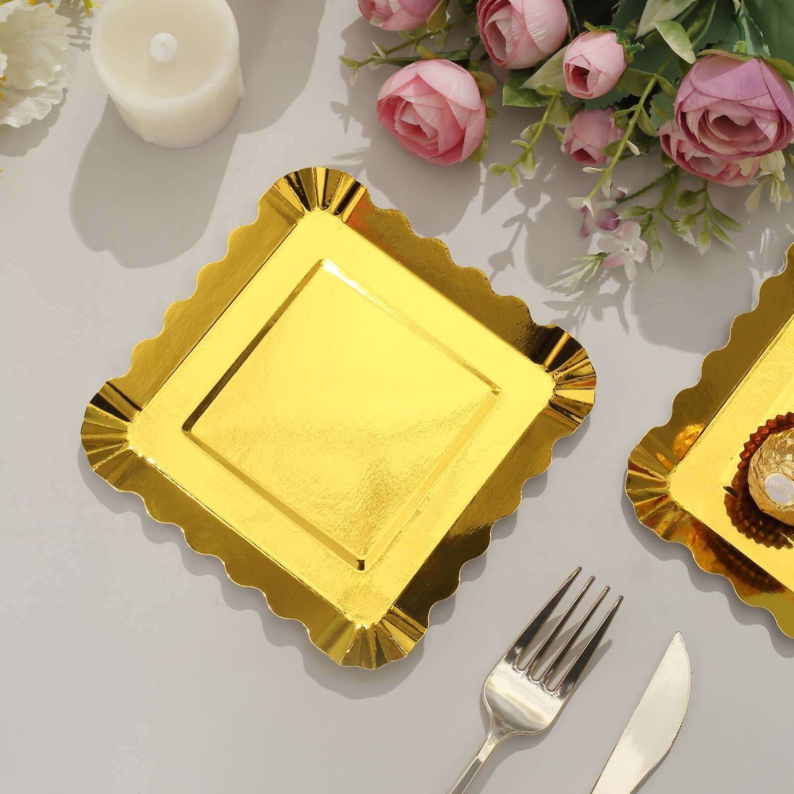 50-Pack Paper Square Dessert Plates 5" Gold Foil with Scalloped Rim - Disposable Appetizer Plates for Luxurious Parties & Celebrations - Image 5