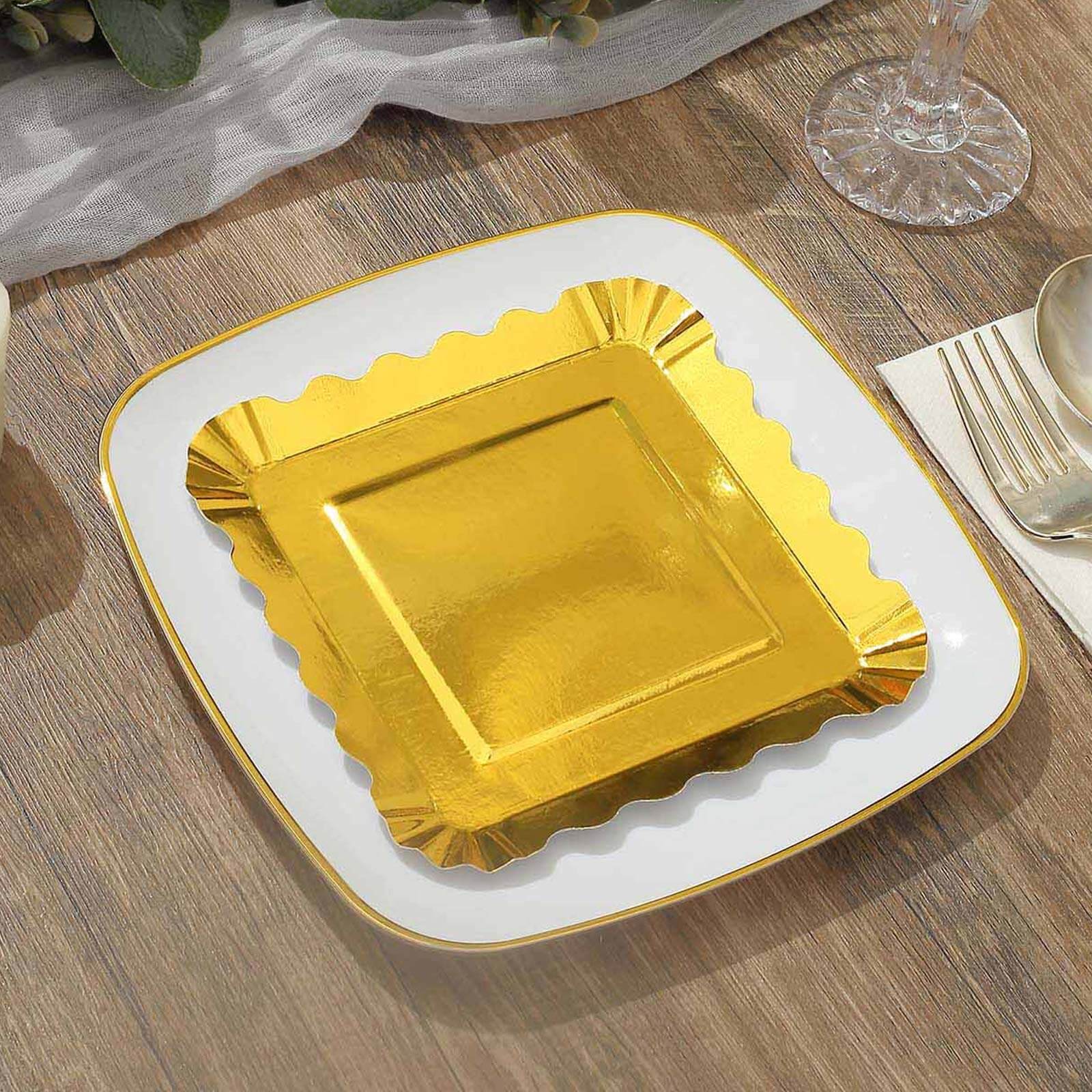 50-Pack Paper Square Dessert Plates 5" Gold Foil with Scalloped Rim - Disposable Appetizer Plates for Luxurious Parties & Celebrations - Image 6