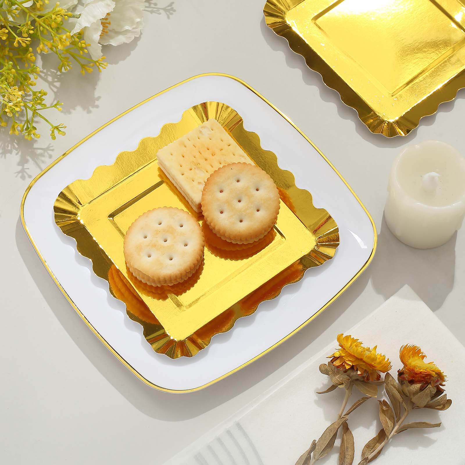 50-Pack Paper Square Dessert Plates 5" Gold Foil with Scalloped Rim - Disposable Appetizer Plates for Luxurious Parties & Celebrations - Image 8