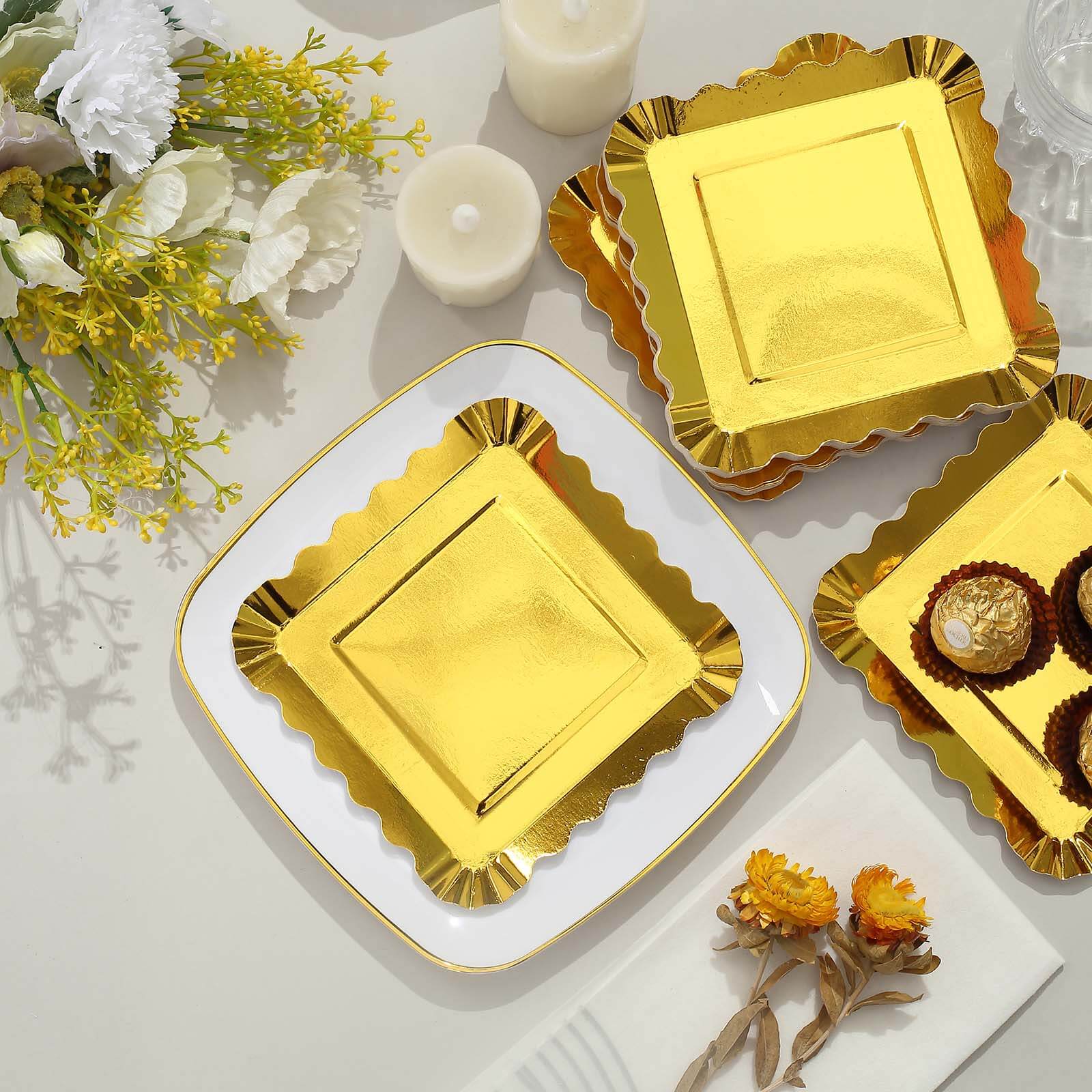50-Pack Paper Square Dessert Plates 5" Gold Foil with Scalloped Rim - Disposable Appetizer Plates for Luxurious Parties & Celebrations - Image 9