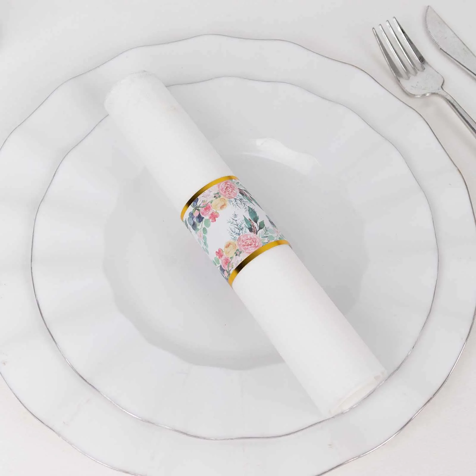 50 Pack Pink Peony Floral Paper Napkin Rings with Gold Edge, Disposable Napkin Holders Bands - 1.5" - Image 10