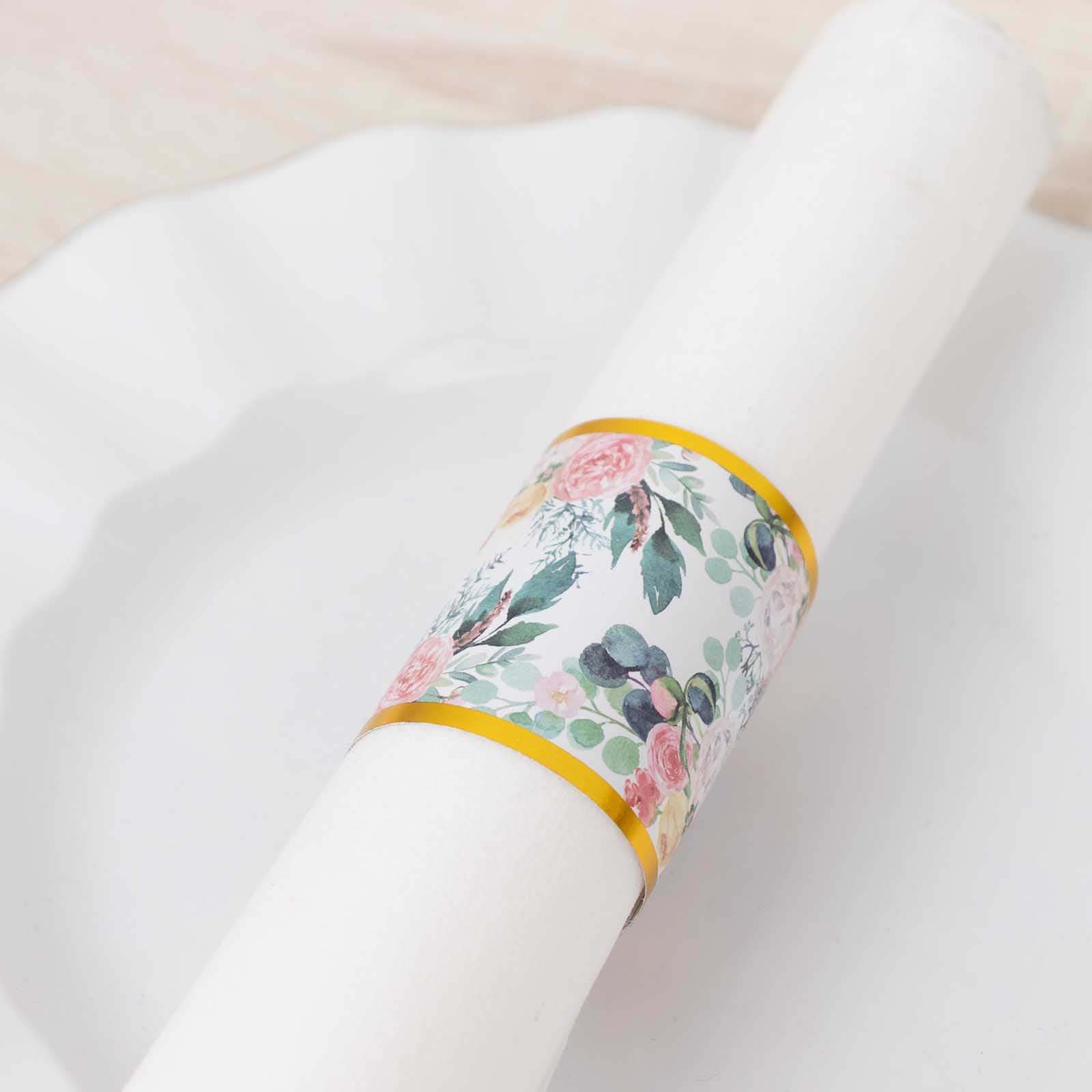 50 Pack Pink Peony Floral Paper Napkin Rings with Gold Edge, Disposable Napkin Holders Bands - 1.5" - Image 2