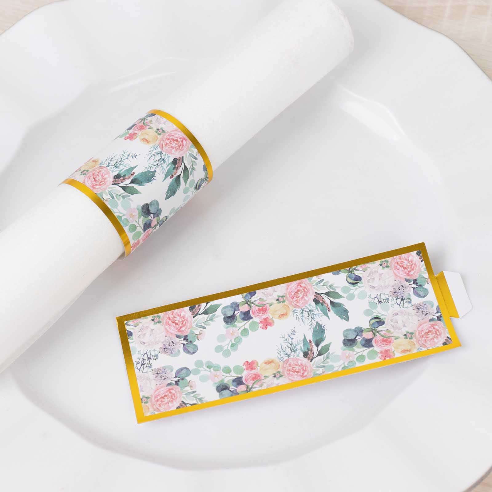 50 Pack Pink Peony Floral Paper Napkin Rings with Gold Edge, Disposable Napkin Holders Bands - 1.5" - Image 6