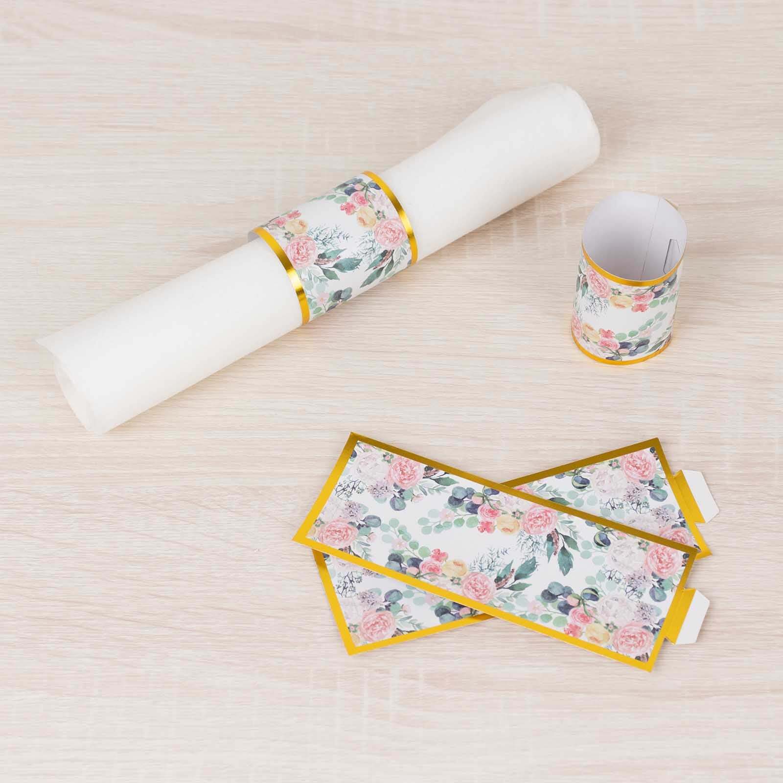 50 Pack Pink Peony Floral Paper Napkin Rings with Gold Edge, Disposable Napkin Holders Bands - 1.5" - Image 8