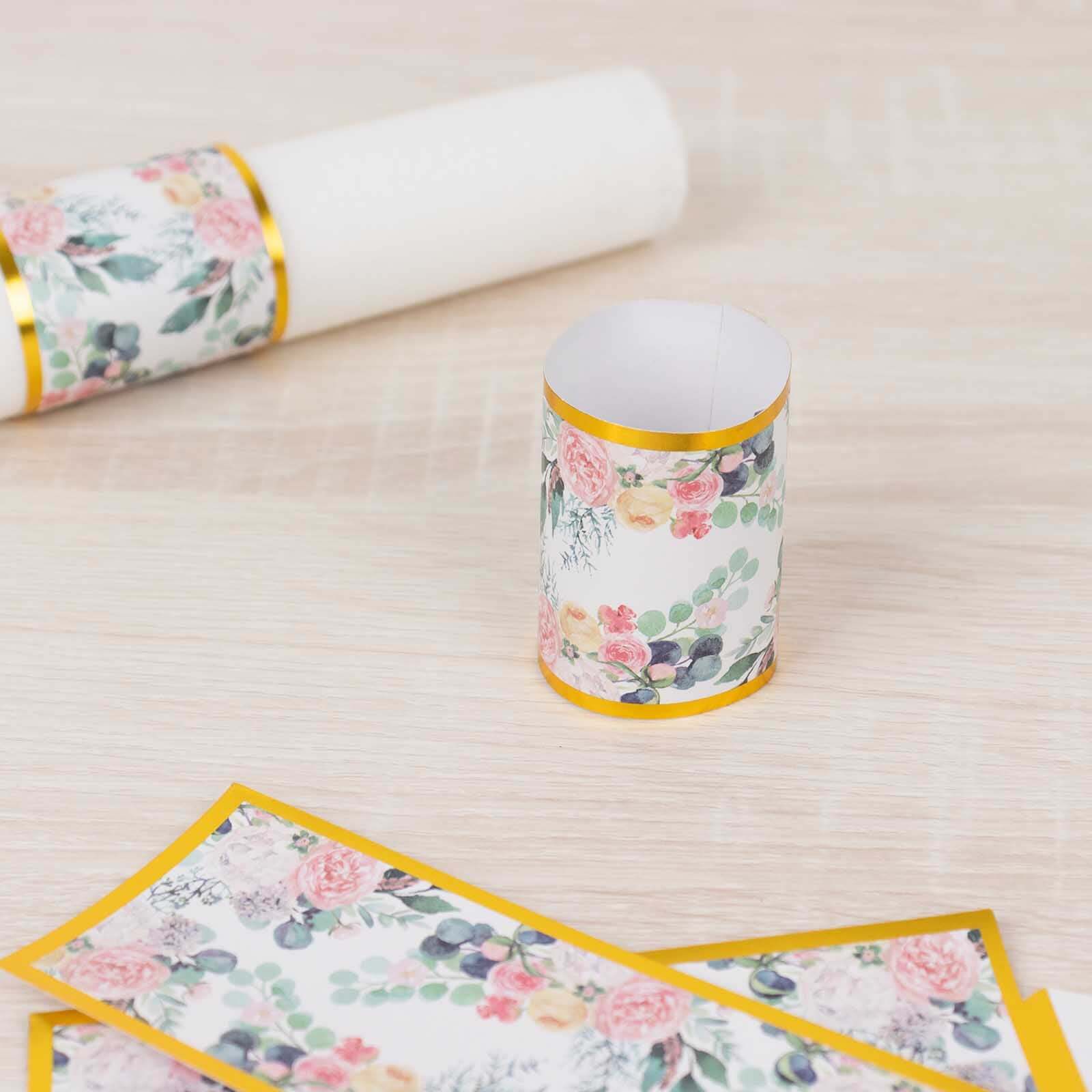 50 Pack Pink Peony Floral Paper Napkin Rings with Gold Edge, Disposable Napkin Holders Bands - 1.5" - Image 9