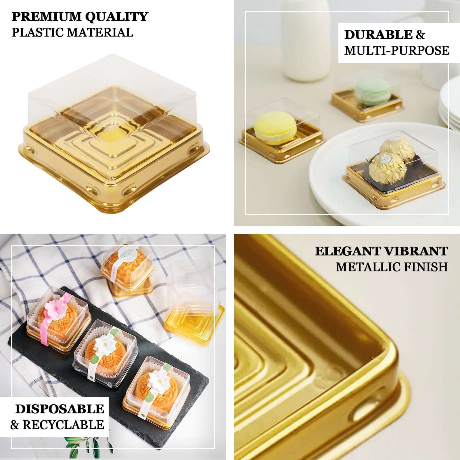 50-Pack Plastic Cupcake Favor Containers 3" Square Design Gold and Clear - Party Boxes for Treat Displays - Image 4
