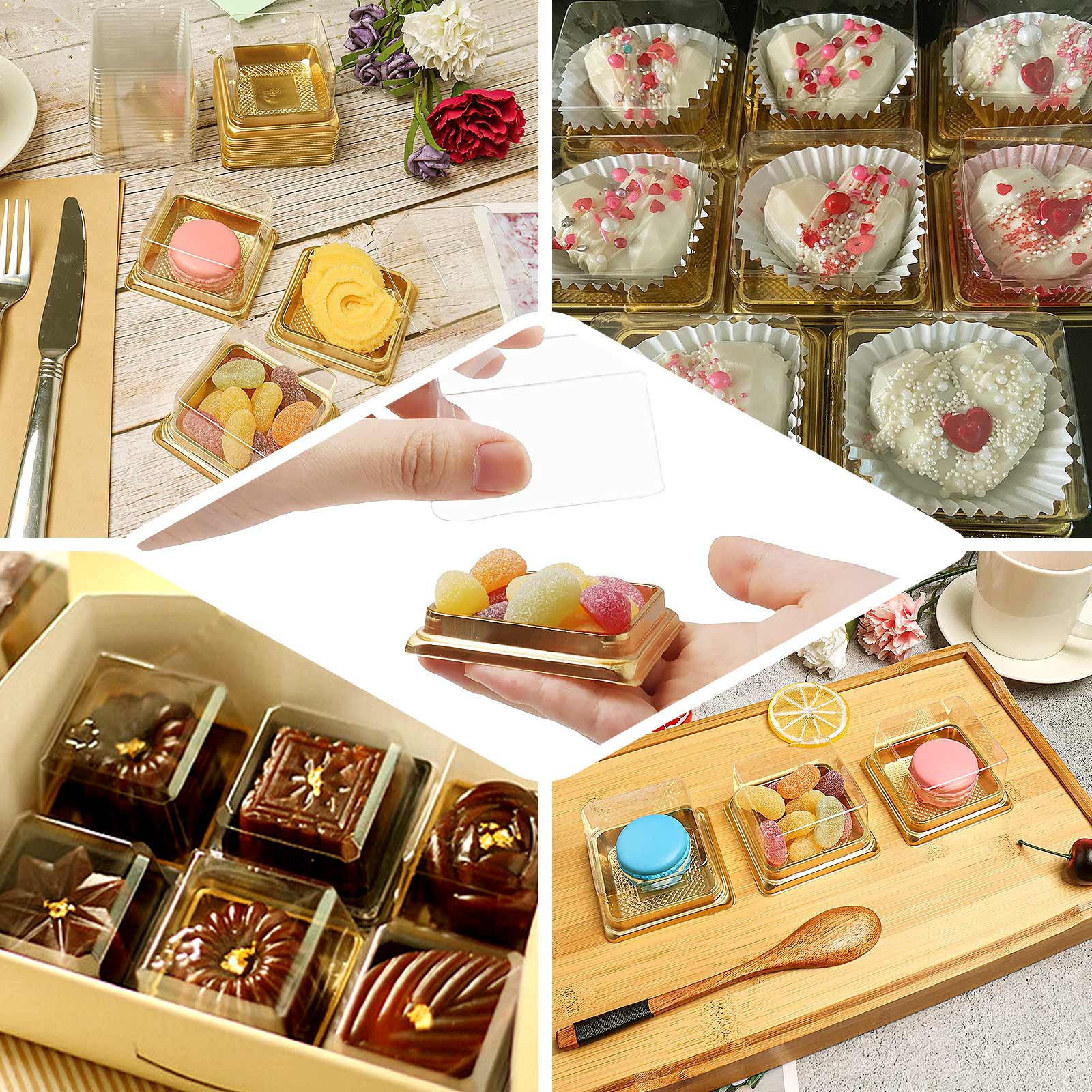 50-Pack Plastic Cupcake Favor Containers 3" Square Design Gold and Clear - Party Boxes for Treat Displays - Image 5