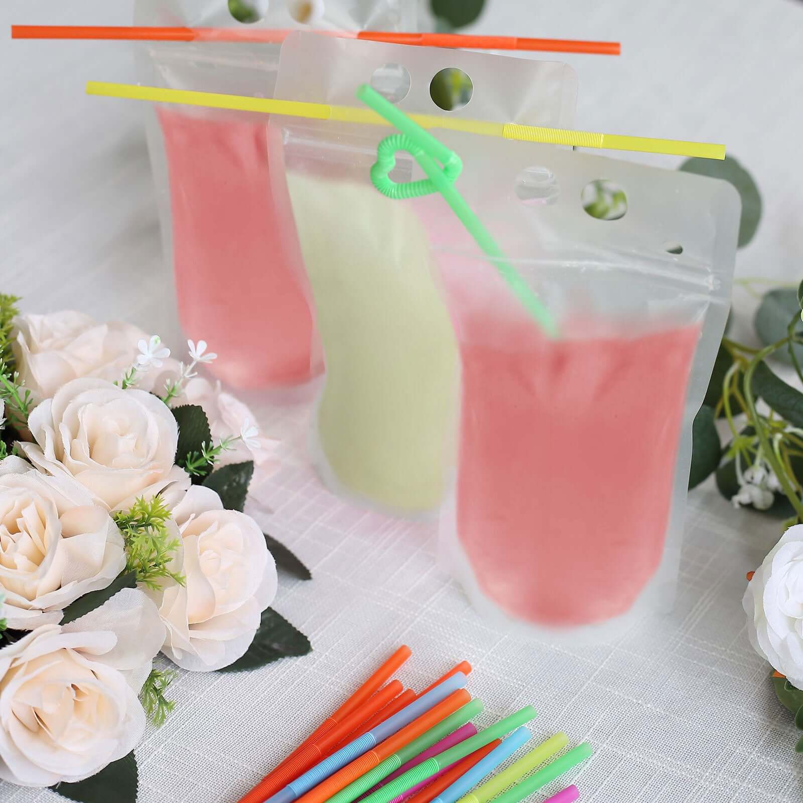 50-Pack Plastic Drink Pouches 12oz Clear with Straws and Zipper - Image 2