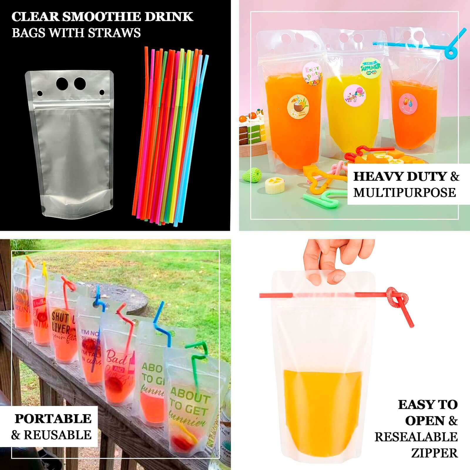 50-Pack Plastic Drink Pouches 12oz Clear with Straws and Zipper - Image 4