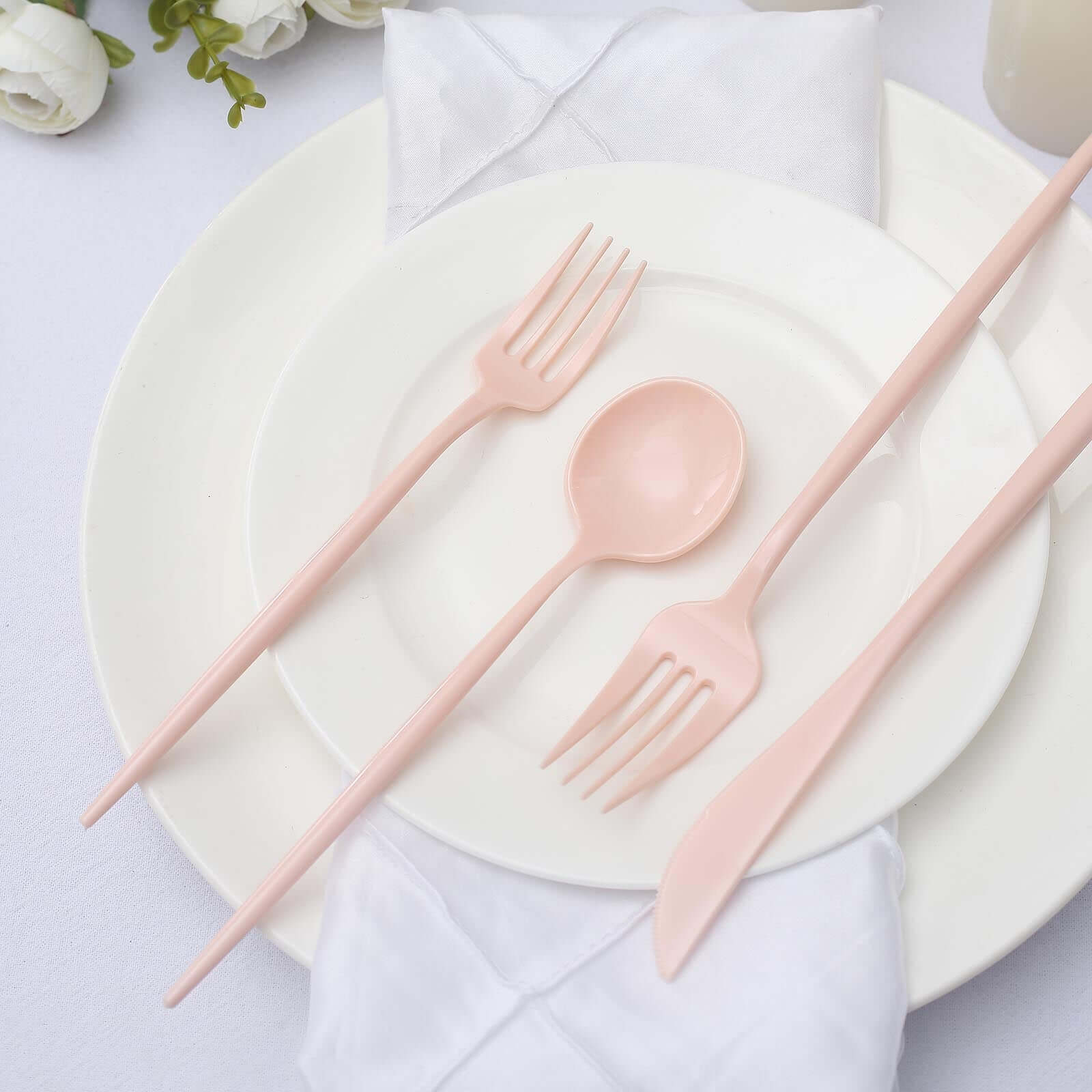 50-Pack Plastic Utensil Set Blush Pink - Heavy Duty Premium Disposable Sleek Flatware - Image 2