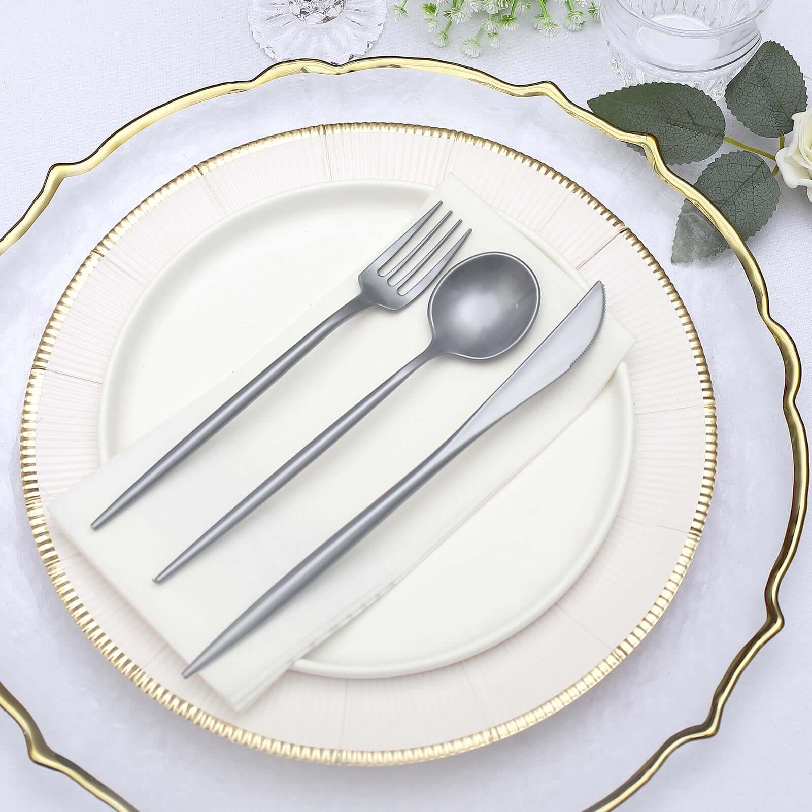 50 Pack Silver Heavy Duty Plastic Utensil Set, Disposable Dinner and Dessert Cutlery Combo Set - Image 7