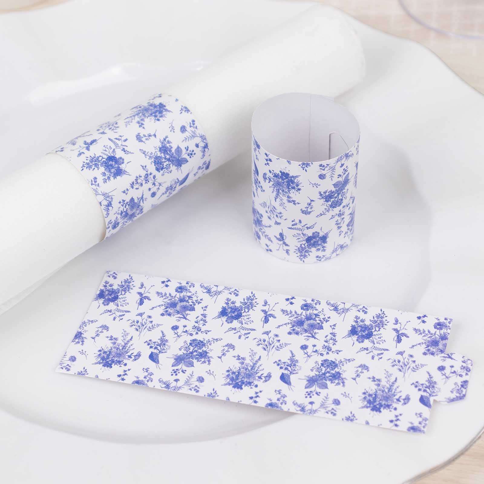 50 Pack White Blue Paper Napkin Rings in French Toile Floral Pattern, Disposable Napkin Holders Bands - 1.5"