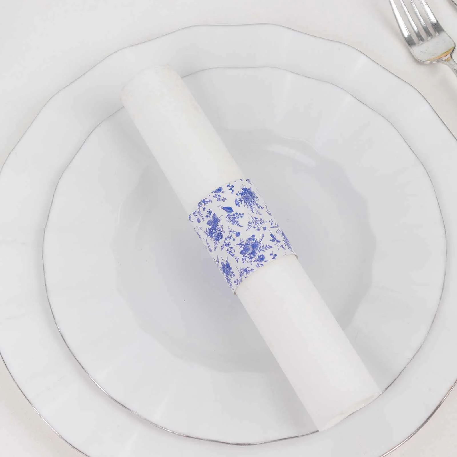 50 Pack White Blue Paper Napkin Rings in French Toile Floral Pattern, Disposable Napkin Holders Bands - 1.5" - Image 10