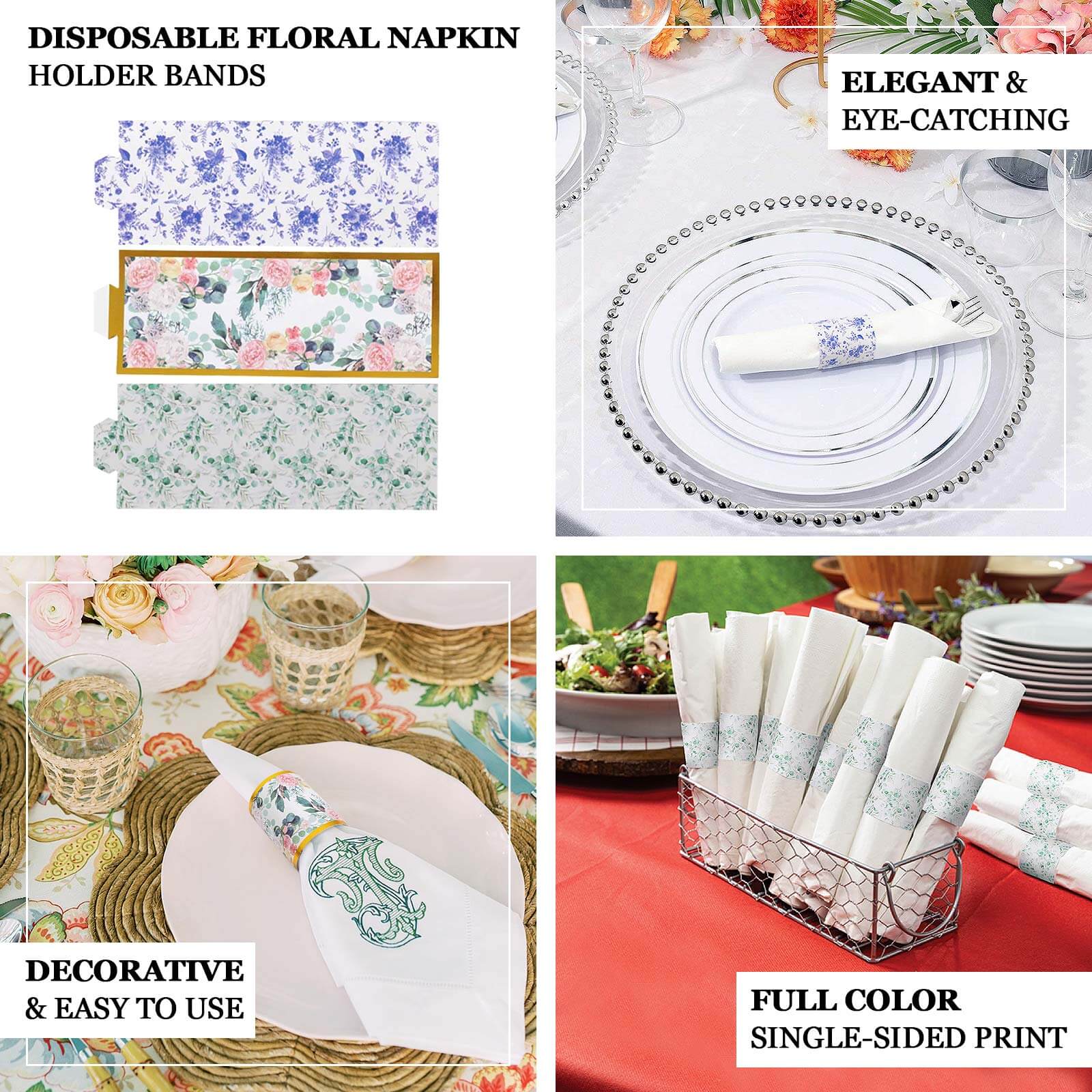 50 Pack White Blue Paper Napkin Rings in French Toile Floral Pattern, Disposable Napkin Holders Bands - 1.5" - Image 4