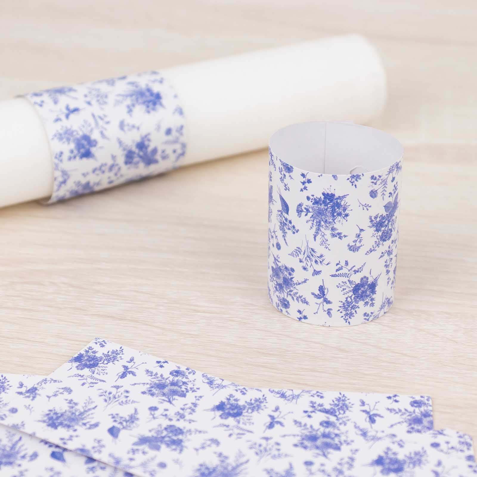 50 Pack White Blue Paper Napkin Rings in French Toile Floral Pattern, Disposable Napkin Holders Bands - 1.5" - Image 6