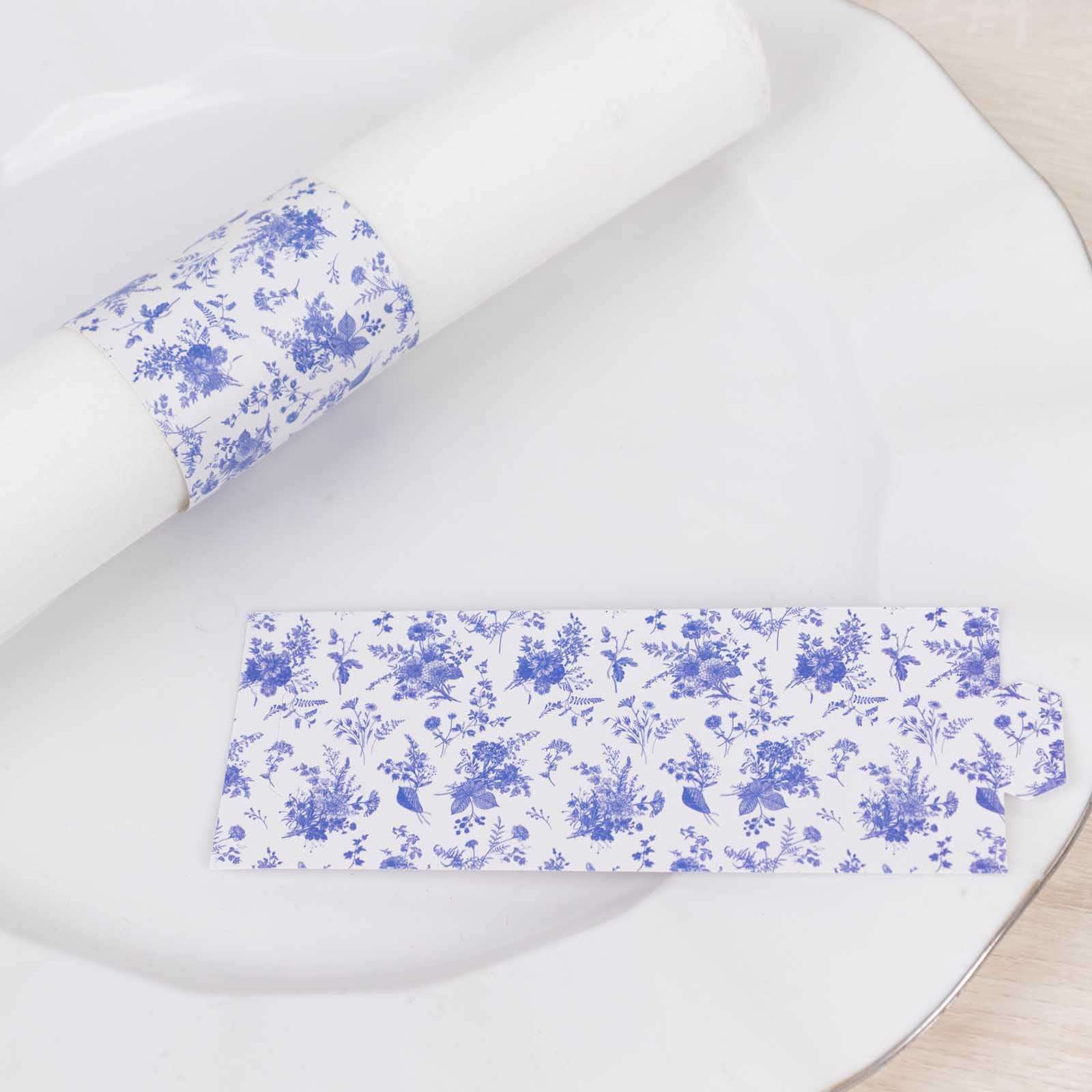 50 Pack White Blue Paper Napkin Rings in French Toile Floral Pattern, Disposable Napkin Holders Bands - 1.5" - Image 8