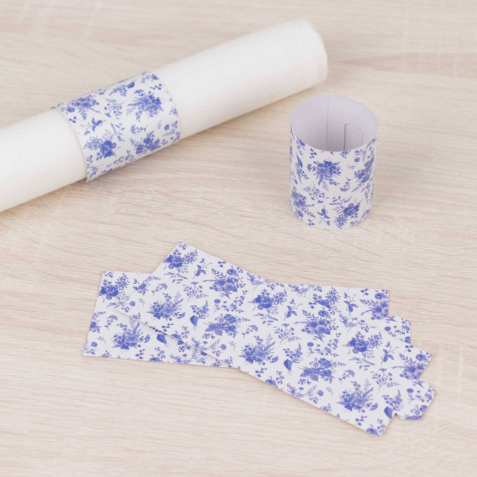 50 Pack White Blue Paper Napkin Rings in French Toile Floral Pattern, Disposable Napkin Holders Bands - 1.5" - Image 9