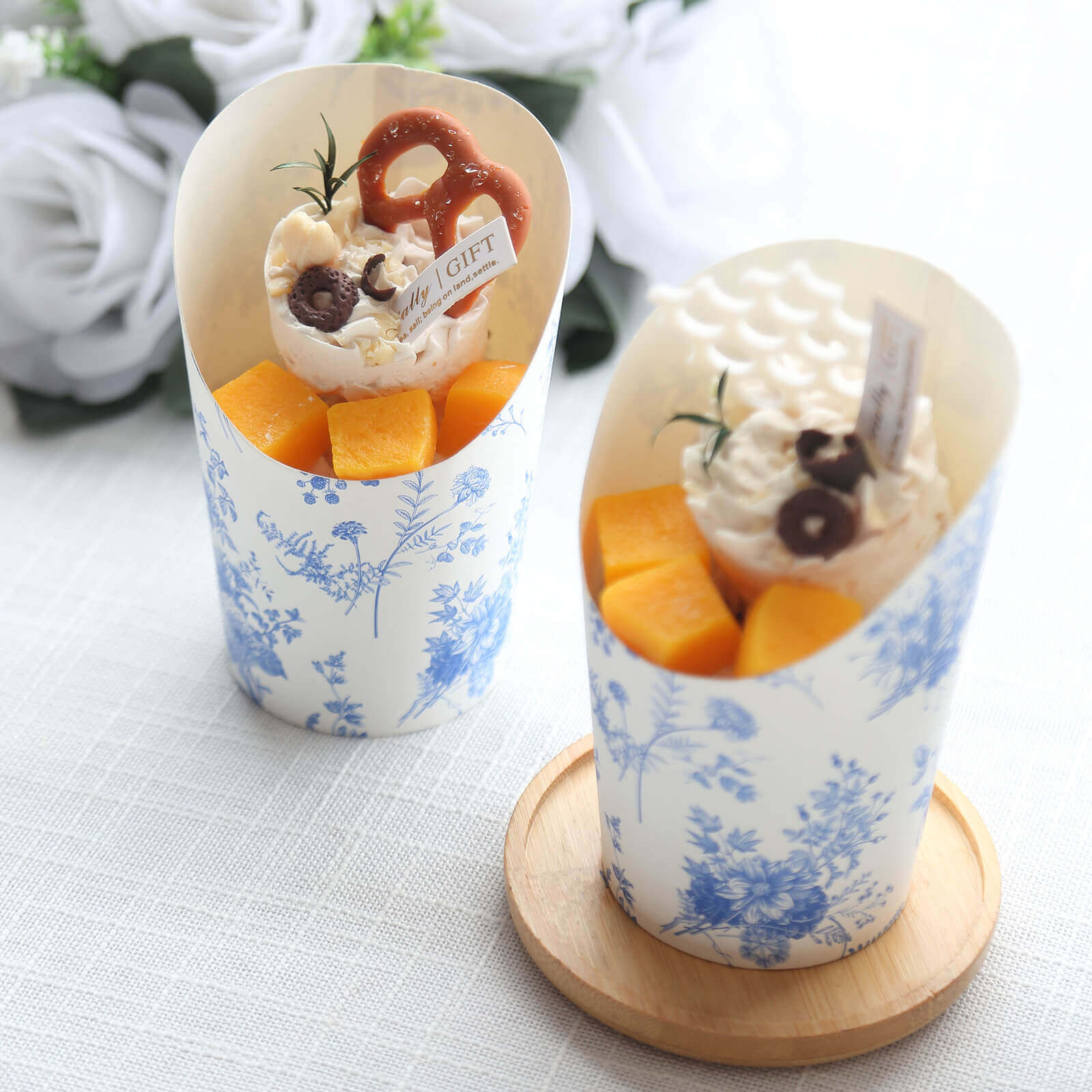 50-Pack White Blue Paper Popcorn Box Cone Cups 14oz, Disposable Appetizer Snack Cups with French Toile Floral Pattern - Durable and Stylish - Image 2