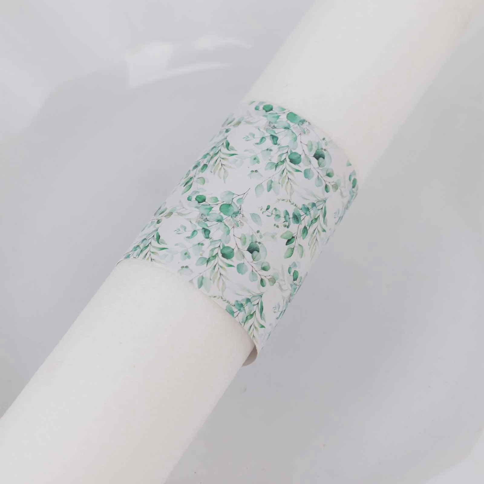 50 Pack White Green Paper Napkin Rings with Eucalyptus Leaves Print, Disposable Napkin Holders Bands - 1.5" - Image 2