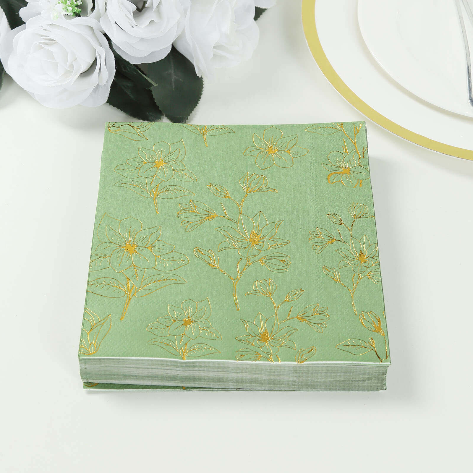 50-Pack Paper Cocktail Napkins 2 Ply Sage Green with Gold Magnolia Flowers Print - Soft and Highly Absorbent Beverage Napkins