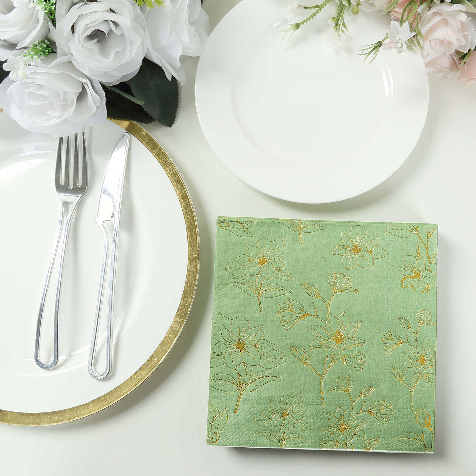 50-Pack Paper Cocktail Napkins 2 Ply Sage Green with Gold Magnolia Flowers Print - Soft and Highly Absorbent Beverage Napkins - Image 2