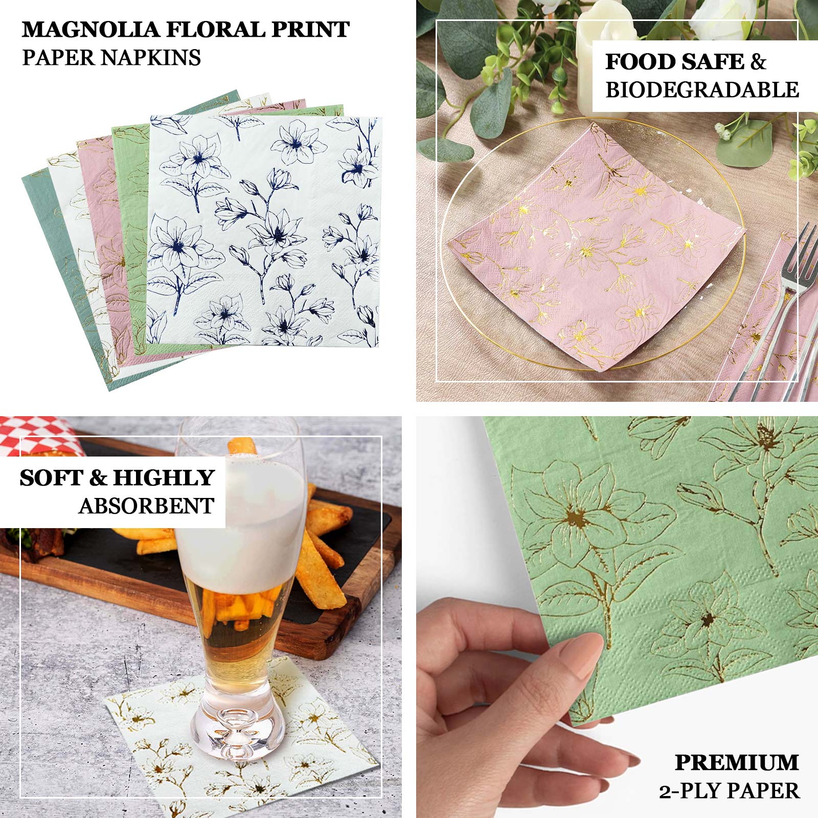 50-Pack Paper Cocktail Napkins 2 Ply Sage Green with Gold Magnolia Flowers Print - Soft and Highly Absorbent Beverage Napkins - Image 4
