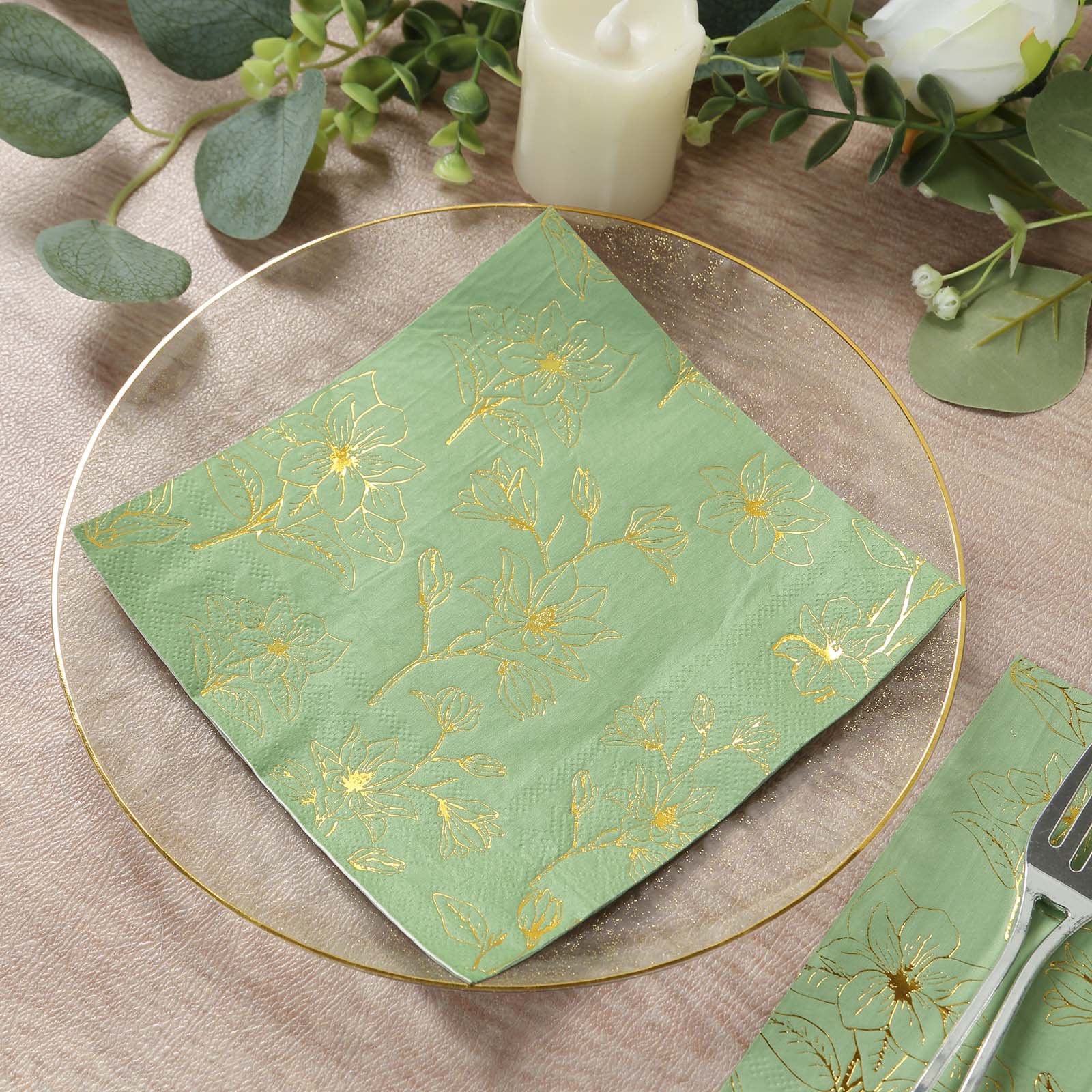 50-Pack Paper Cocktail Napkins 2 Ply Sage Green with Gold Magnolia Flowers Print - Soft and Highly Absorbent Beverage Napkins - Image 7