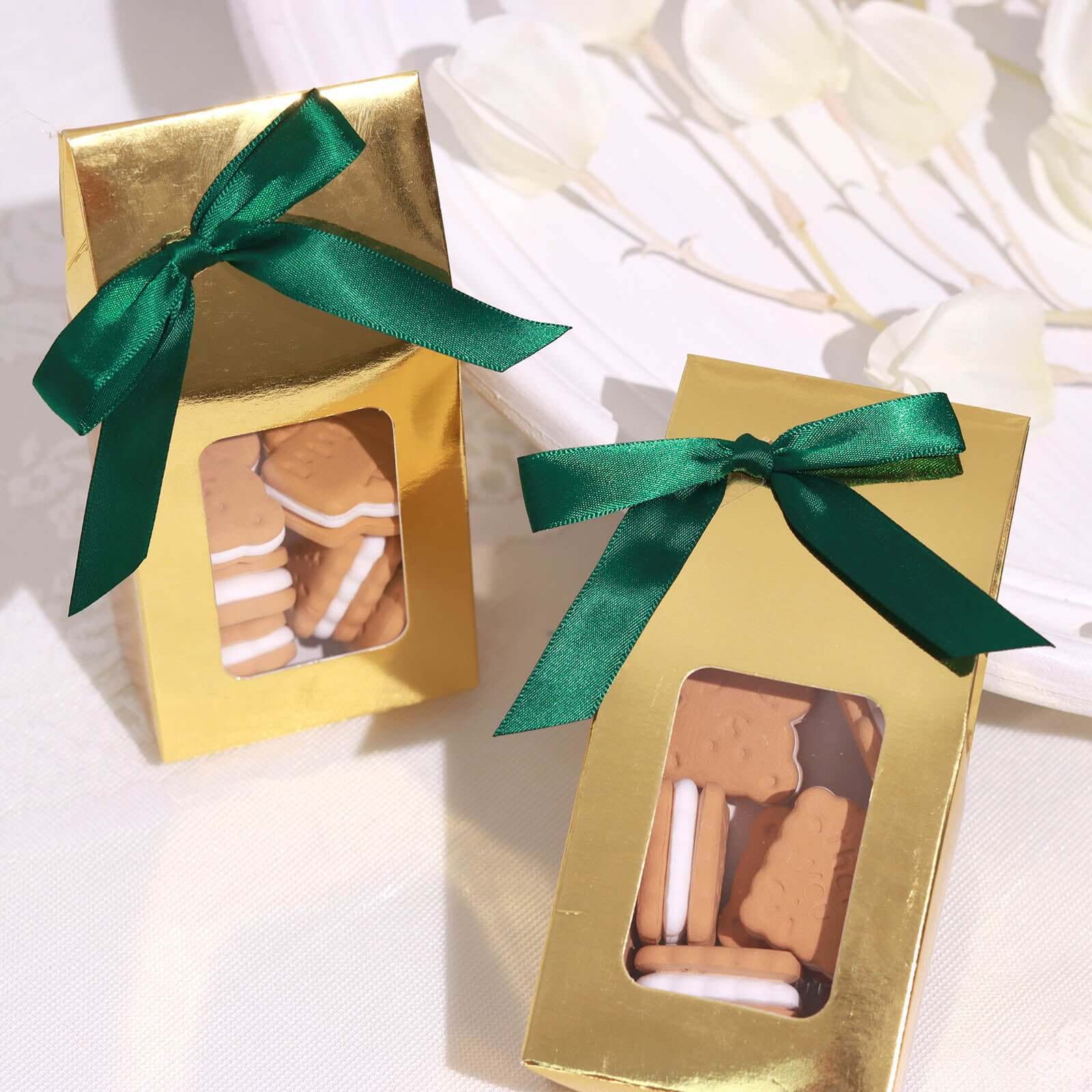 50 Pcs Satin Ribbon Bows With Twist Ties, Gift Basket Party Favor Bags Decor -  Hunter Emerald Green Classic Style 3" - Image 5