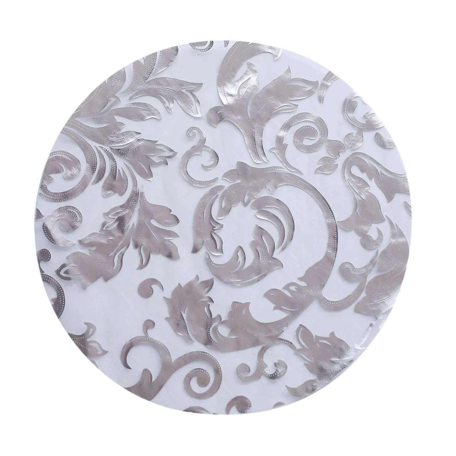 50-Pack Organza Table Placemats 13" Round Swirl Foil Floral Design Metallic Silver - Sheer Disposable Dining Mats - Image 5
