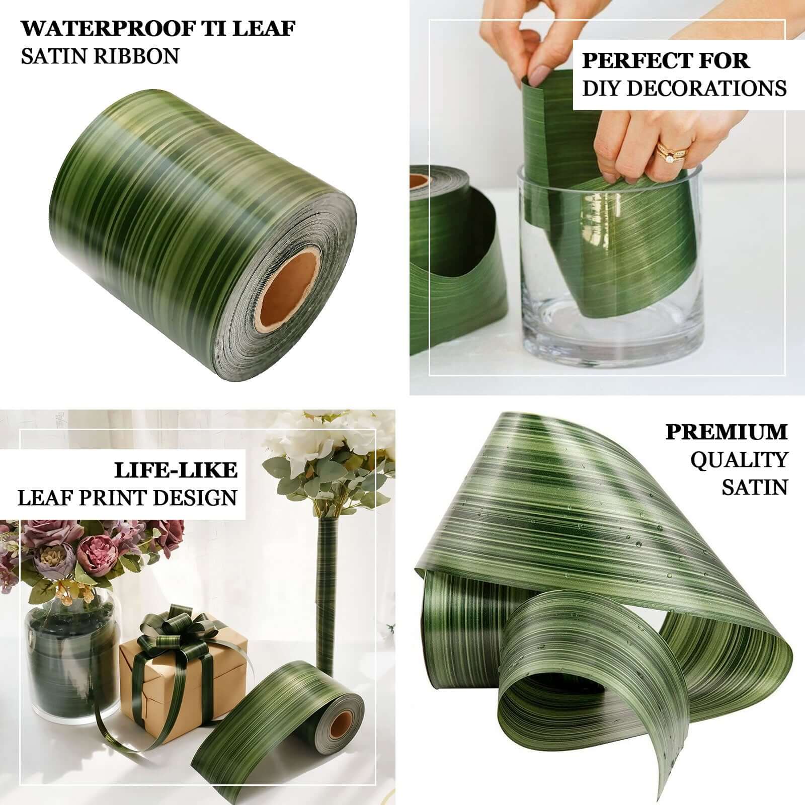 Green Ti Leaf Two Sided Craft Satin Bouquet Ribbon Wrap, Waterproof Floral DIY Supplies 50 Yards 4" - Image 4