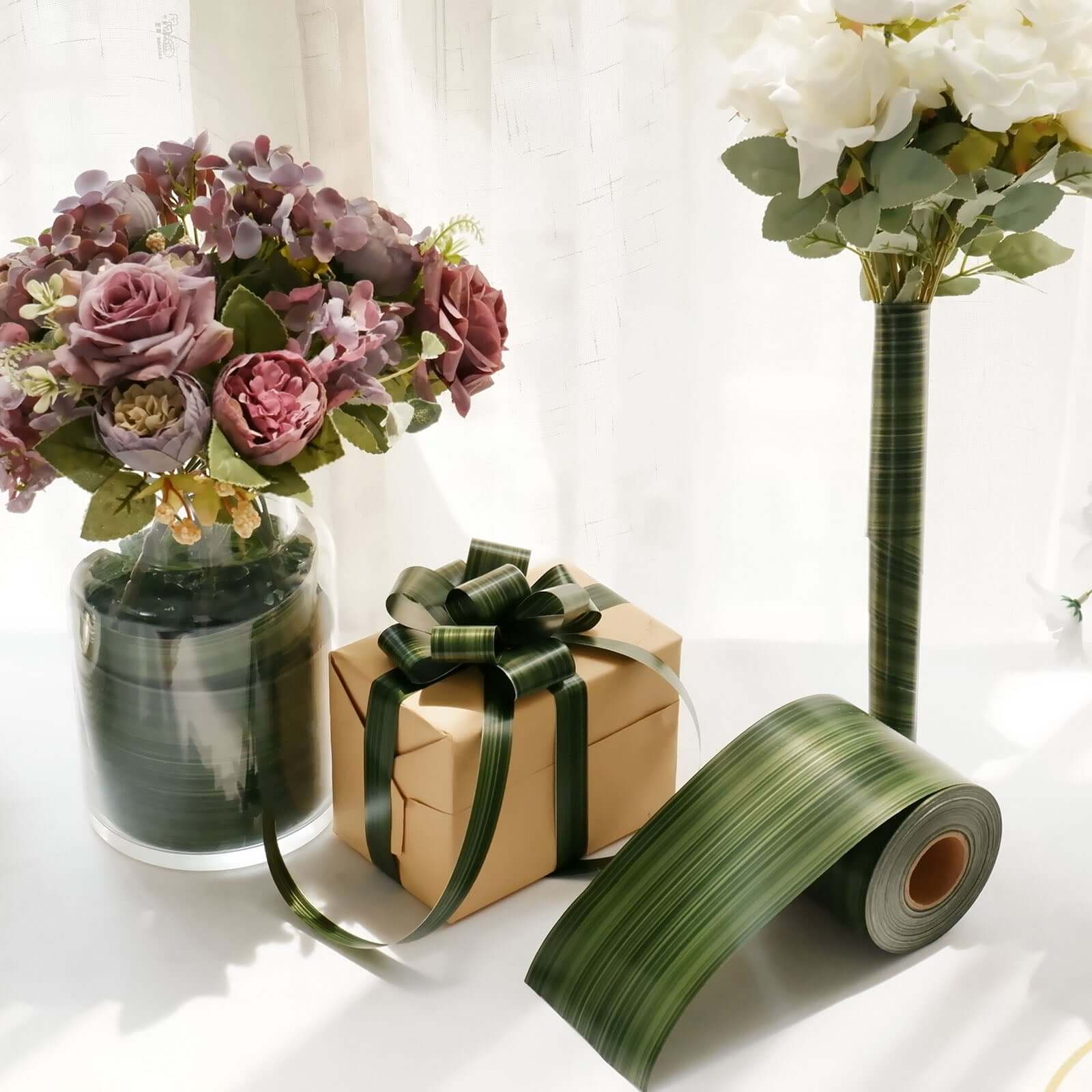 Green Ti Leaf Two Sided Craft Satin Bouquet Ribbon Wrap, Waterproof Floral DIY Supplies 50 Yards 4" - Image 6