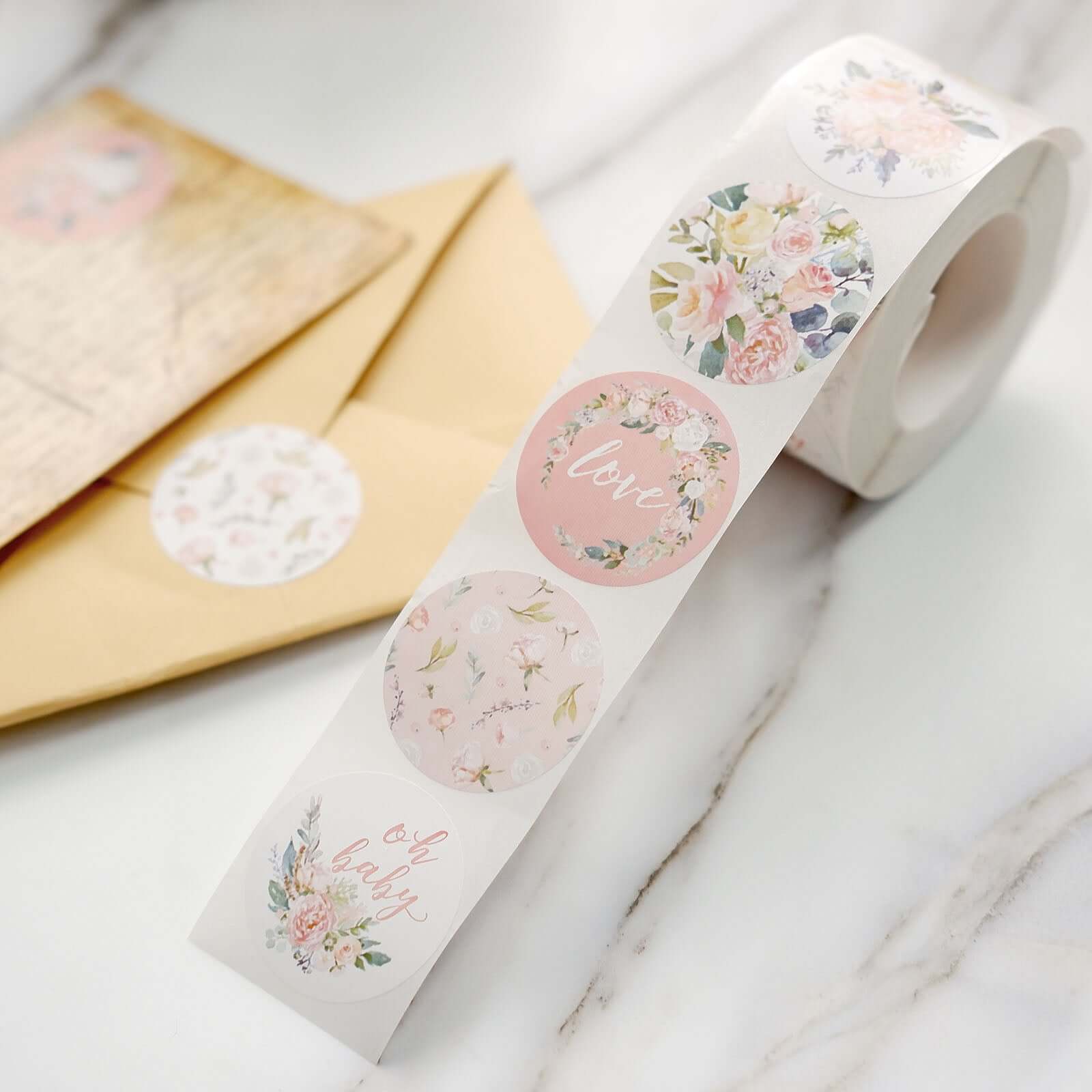 500pcs Baby Shower Love and Oh Baby Floral Stickers Roll, Labels For DIY Envelope Seal - Round 1.5" - Image 6