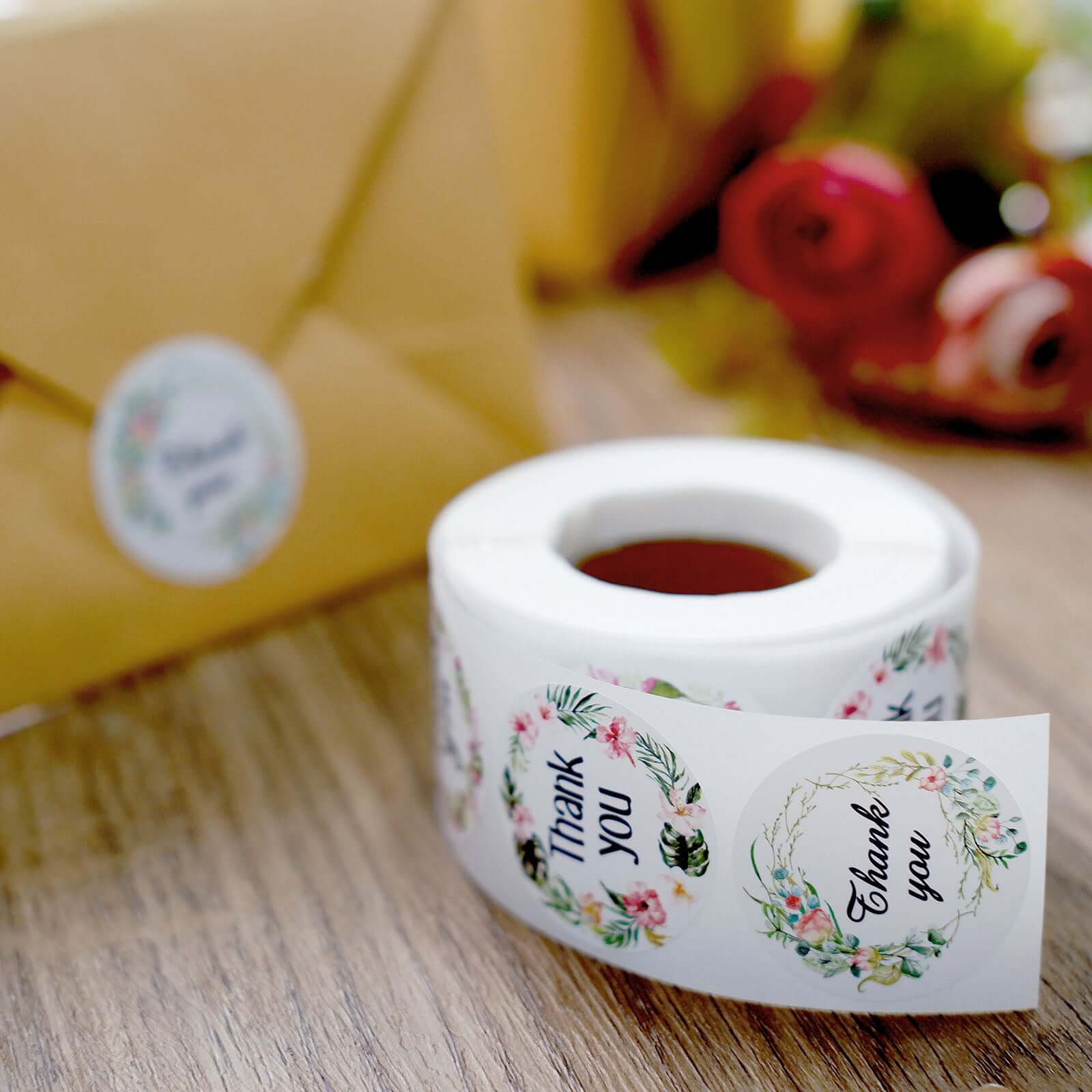 500pcs Thank You Black Print and Floral Design Stickers Roll, DIY Envelope Seal Labels - Round Assorted Designs 1.5" - Image 8