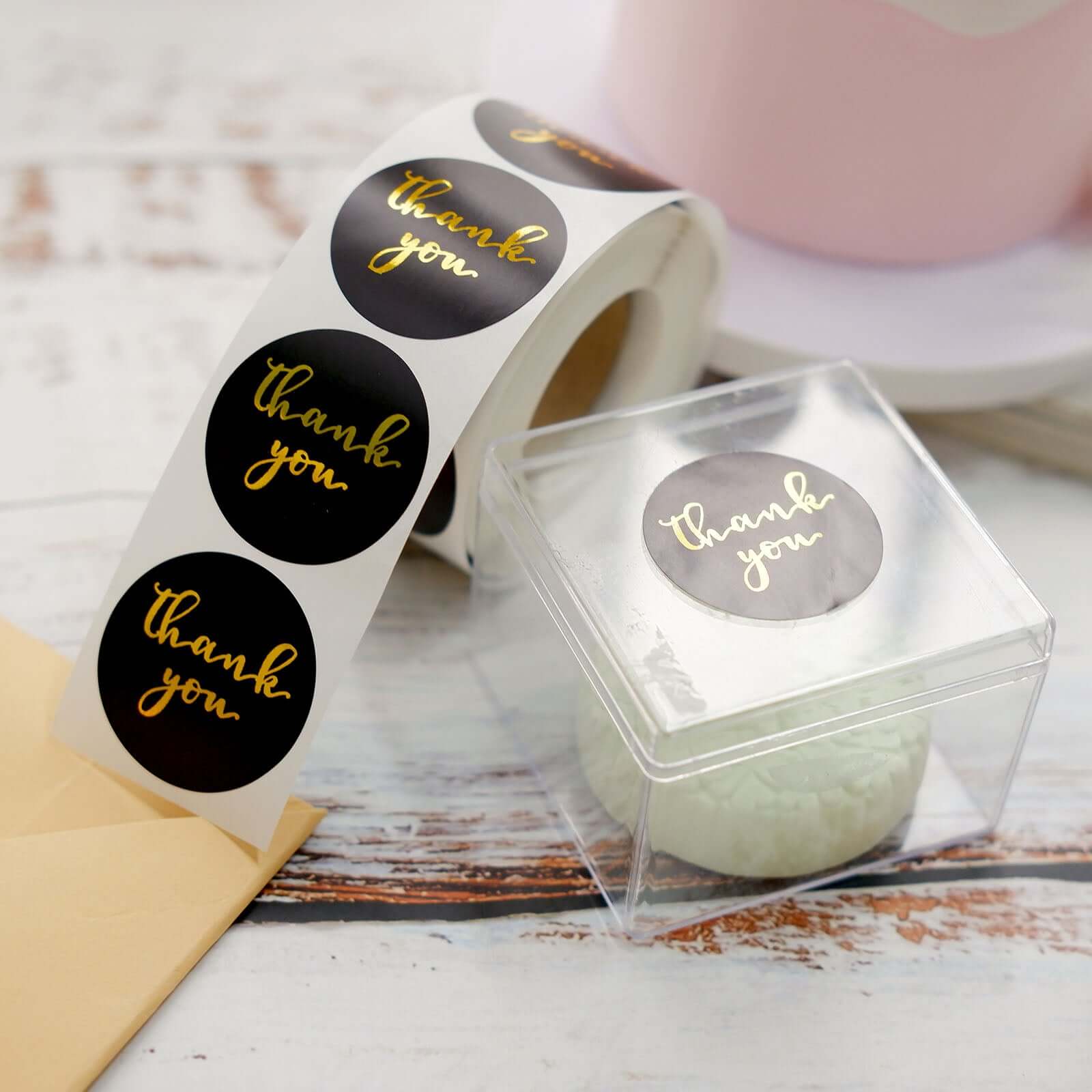 500pcs Thank You Gold Foil Text On Black Stickers Roll Décor Labels and Seals for DIY Envelope - Round 1.5" - Image 2