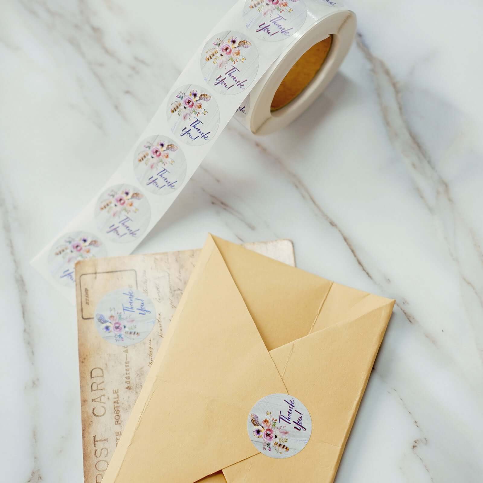 500pcs Thank You Rustic Floral Boho Chic Stickers Roll, Labels For DIY Envelope Seal - Round 1"