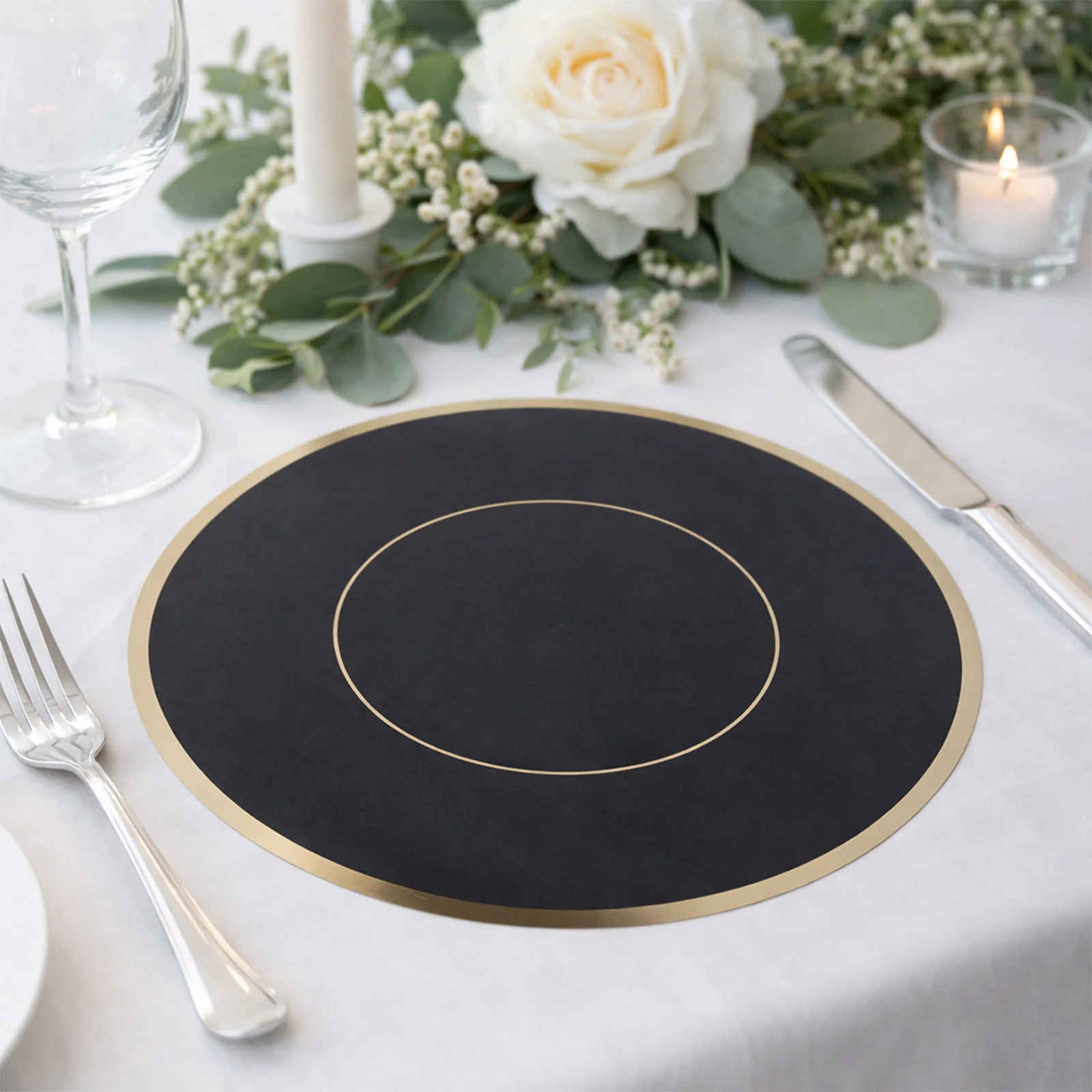 50 Pack Disposable Table Placemats 13" Round Black with Gold Rim – Cardboard Charger Plates for Elegant Table Settings, 128 GSM