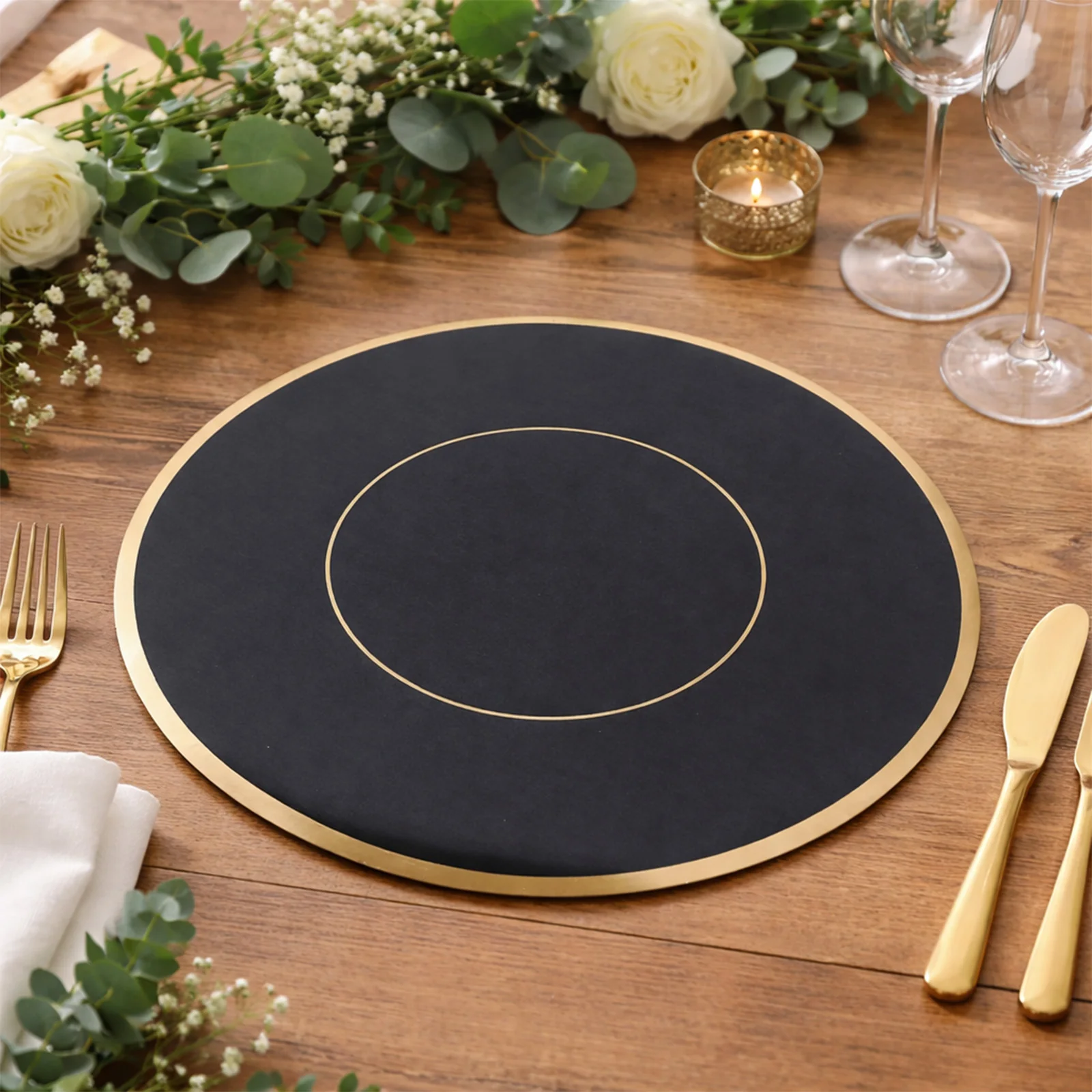 50 Pack Disposable Table Placemats 13" Round Black with Gold Rim – Cardboard Charger Plates for Elegant Table Settings, 128 GSM - Image 9