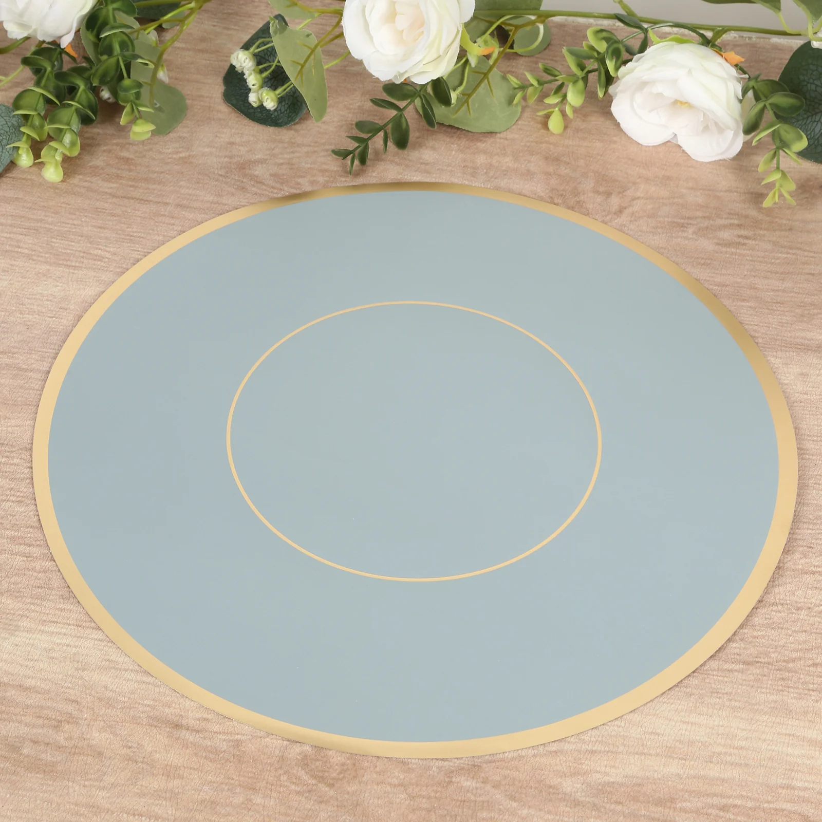 50 Pack Disposable Table Placemats 13" Round Dusty Blue with Gold Rim – Cardboard Charger Plates for Elegant Table Settings, 128 GSM - Image 7