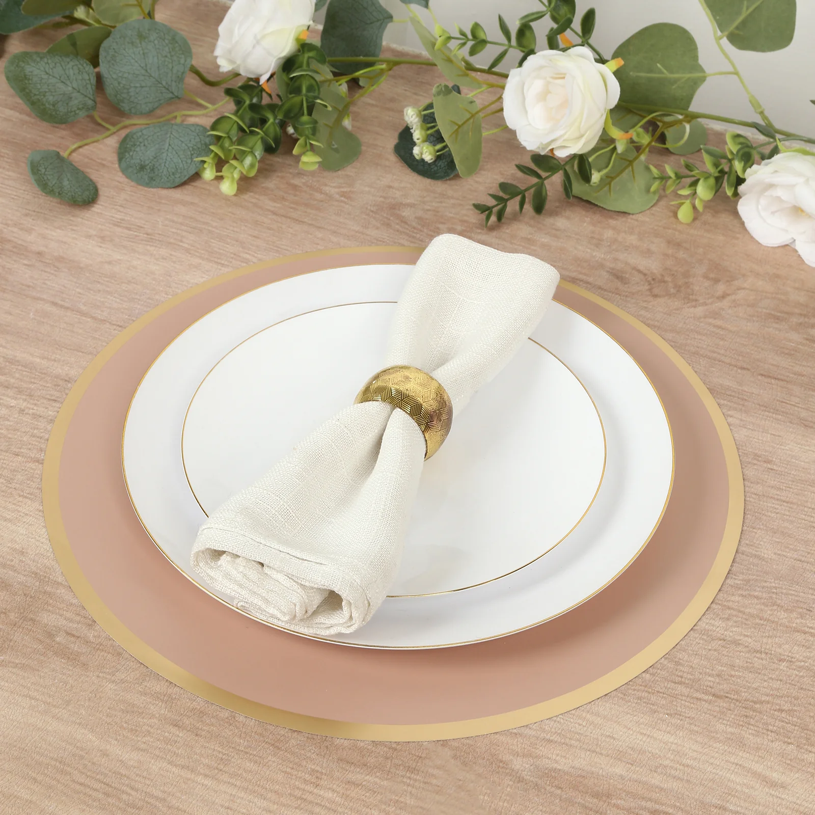 50 Pack Disposable Table Placemats 13" Round Dusty Rose with Gold Rim – Cardboard Charger Plates for Elegant Table Settings, 128 GSM - Image 6