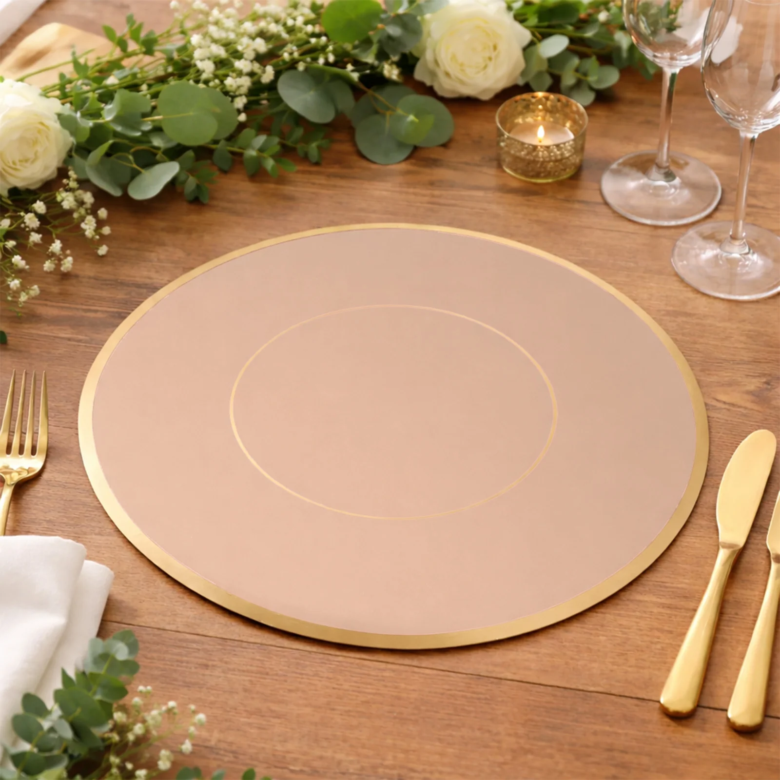 50 Pack Disposable Table Placemats 13" Round Dusty Rose with Gold Rim – Cardboard Charger Plates for Elegant Table Settings, 128 GSM - Image 9